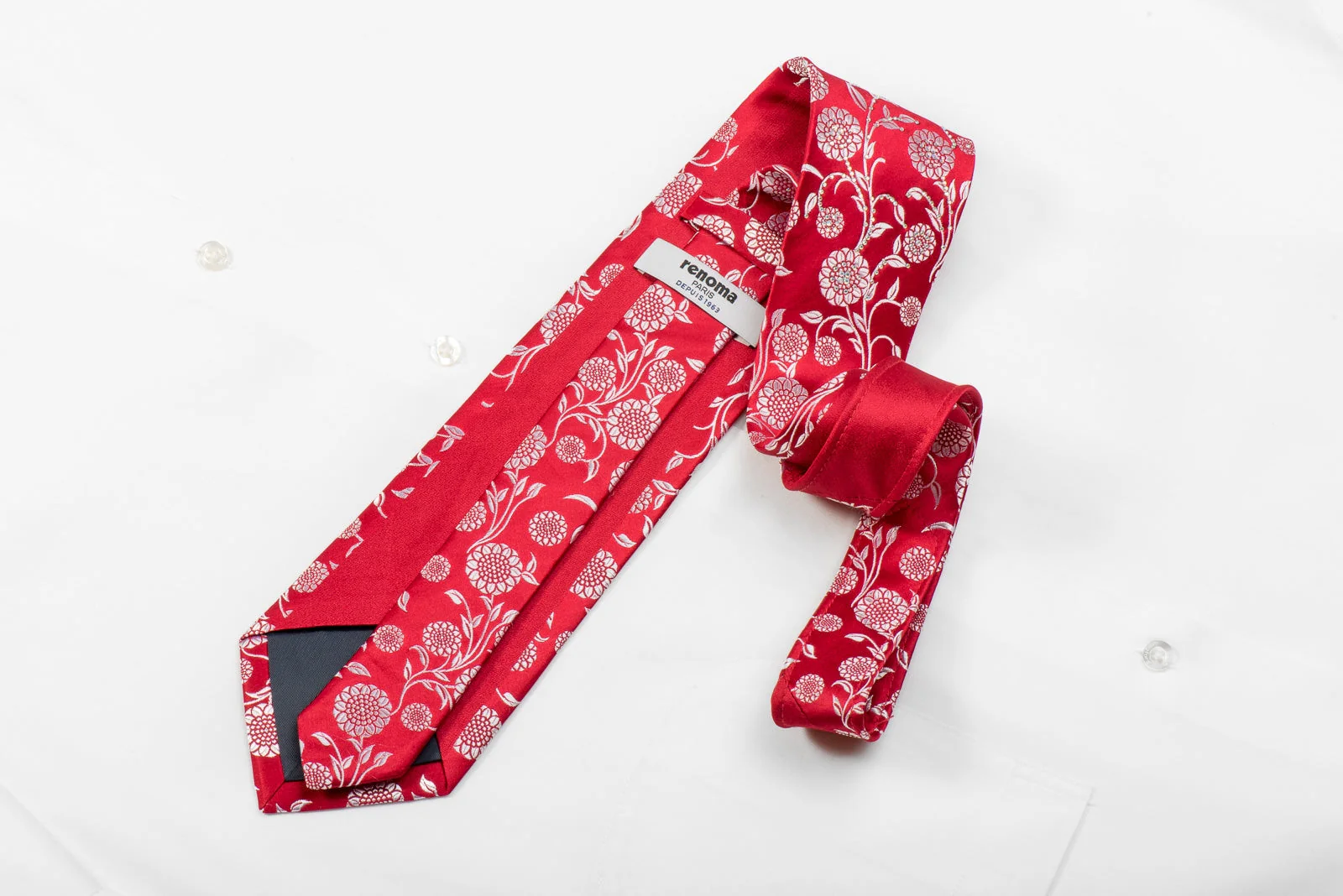 Renoma Men's Crystal Silk Necktie Silver Floral On Red Sparkling With Rhinestones - Image 5
