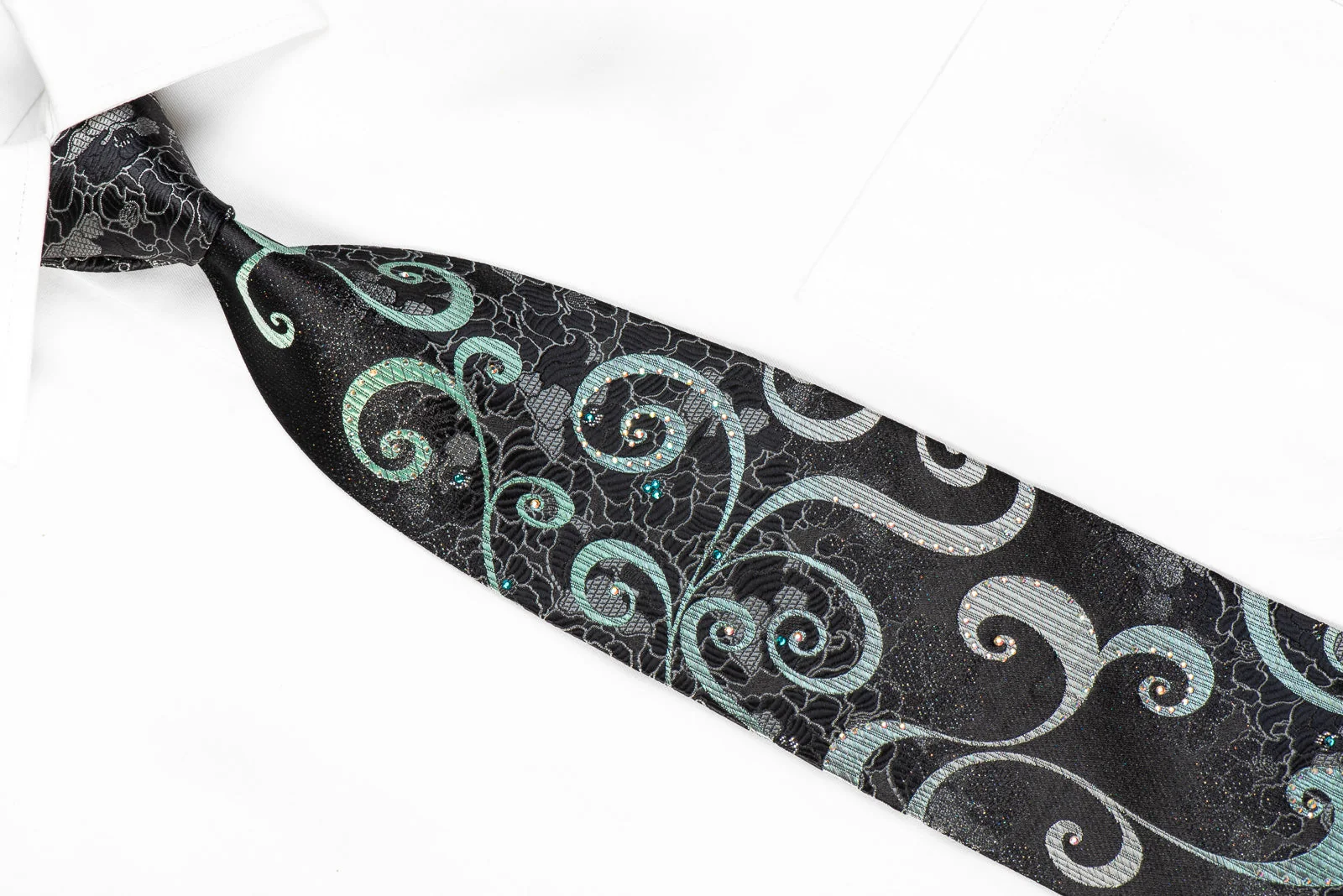 Renoma Men's Crystal Silk Necktie Silver Green Scrolls On Black With Silver Sparkles - Image 2