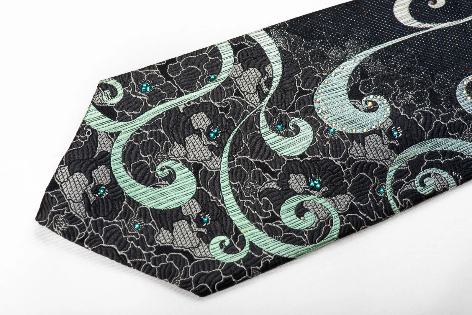 Renoma Men's Crystal Silk Necktie Silver Green Scrolls On Black With Silver Sparkles - Image 3