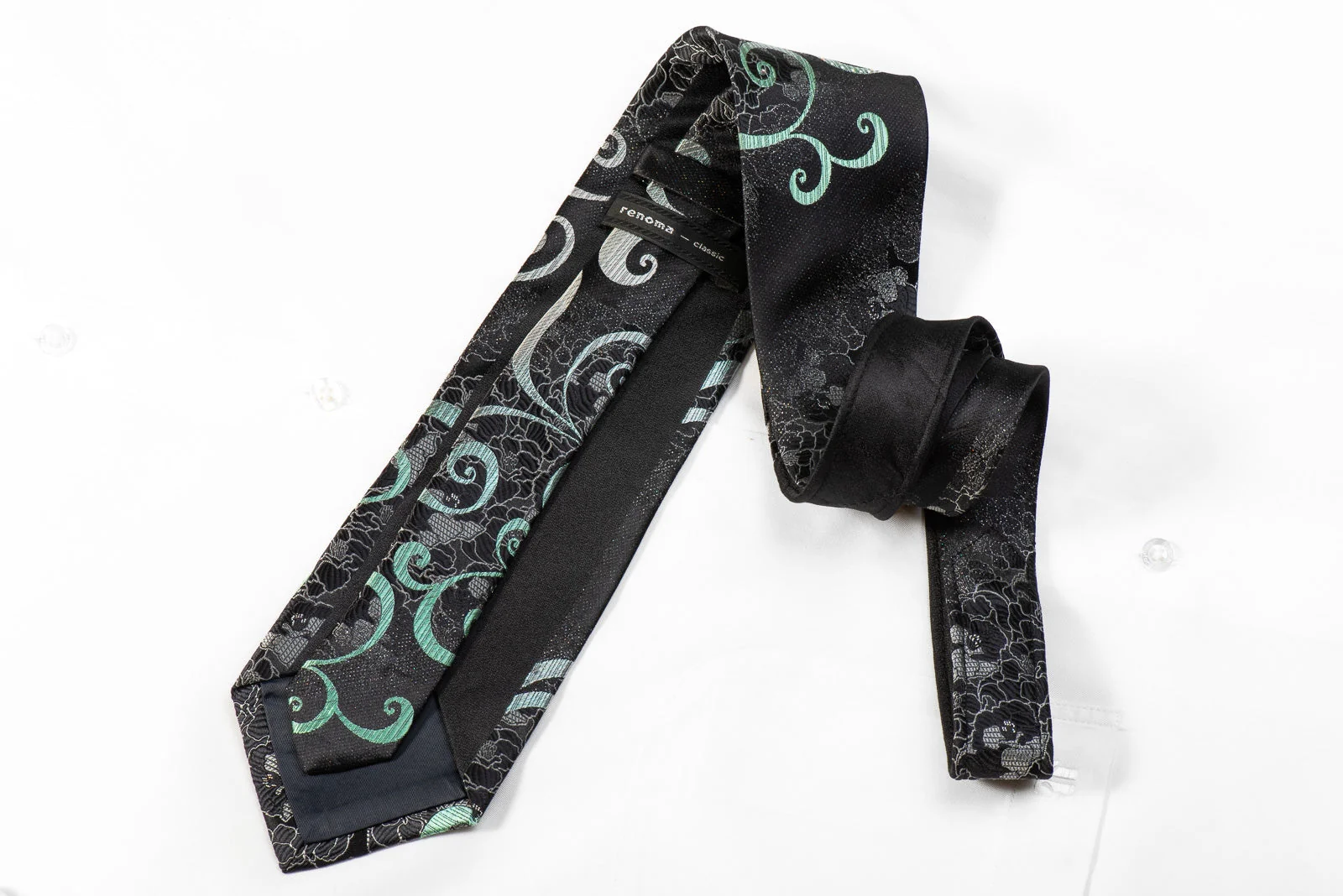 Renoma Men's Crystal Silk Necktie Silver Green Scrolls On Black With Silver Sparkles - Image 5