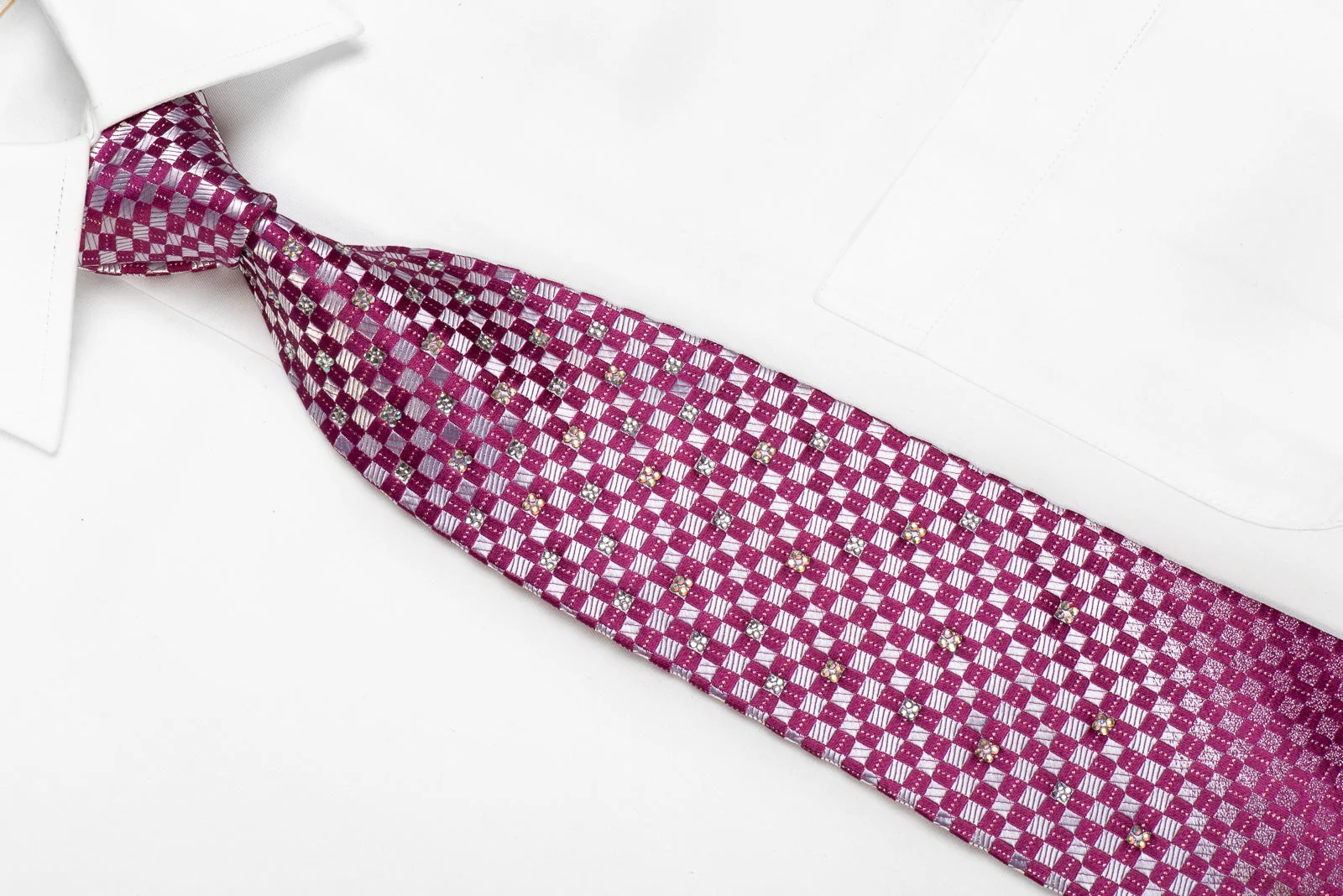 Renoma Men's Crystal Silk Necktie Silver Purple Checkered With Silver Sparkles - Image 2