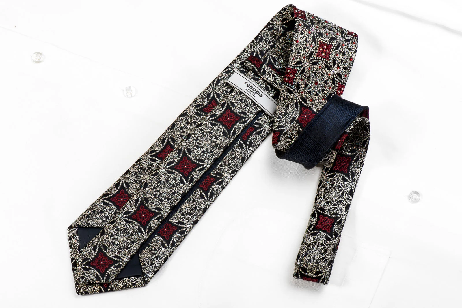 Renoma Men's Crystal Silk Necktie Silver Red Arabesque On Navy With Silver Sparkles - Image 2