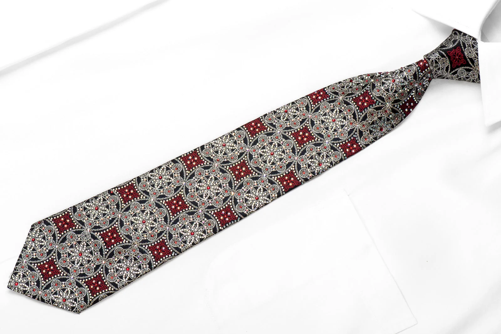 Renoma Men's Crystal Silk Necktie Silver Red Arabesque On Navy With Silver Sparkles - Image 3