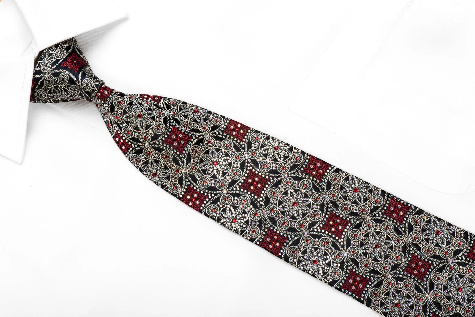 Renoma Men's Crystal Silk Necktie Silver Red Arabesque On Navy With Silver Sparkles - Image 6