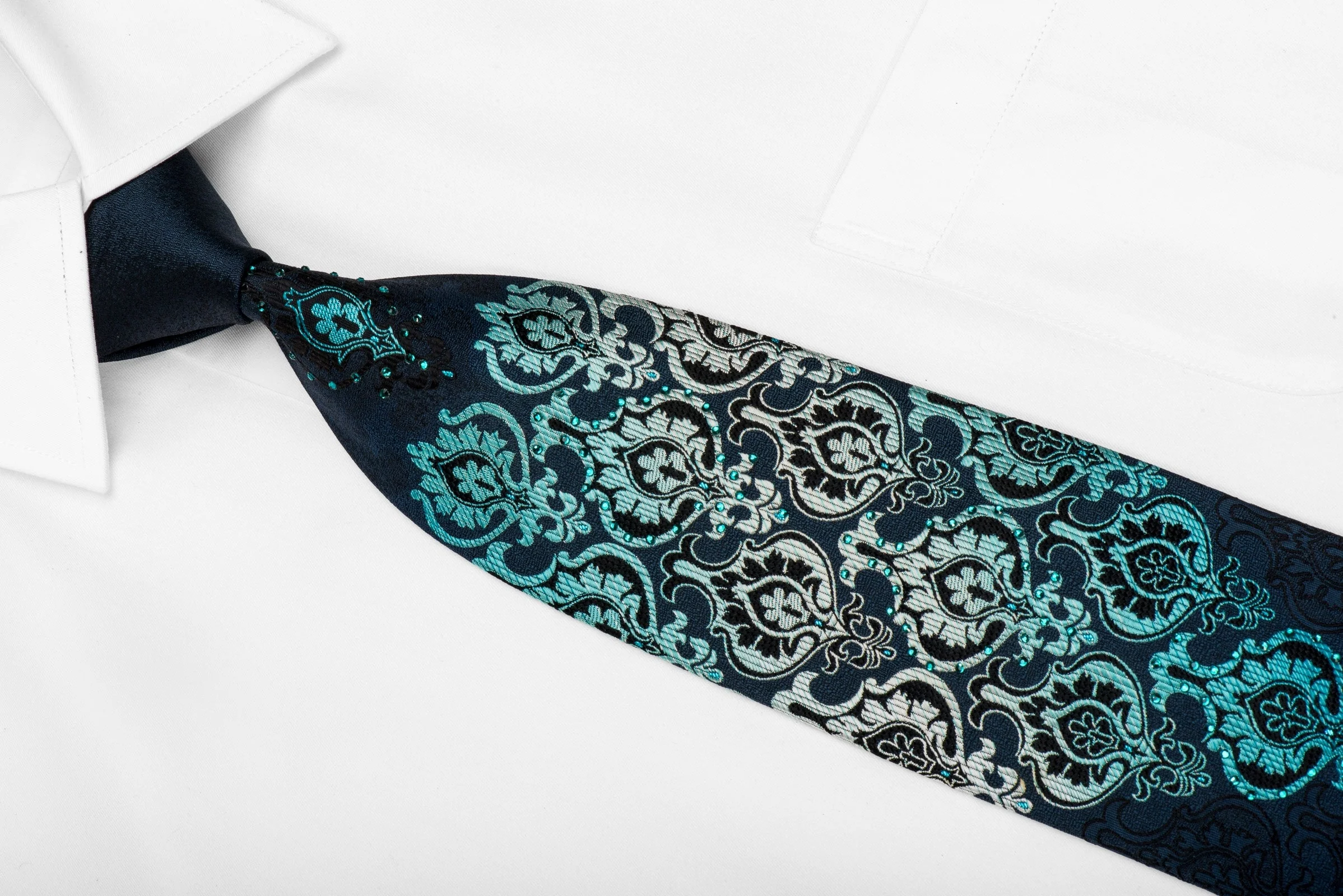 Renoma Men's Crystal Silk Necktie Turquoise Damask On Navy With Sparkles - Image 2