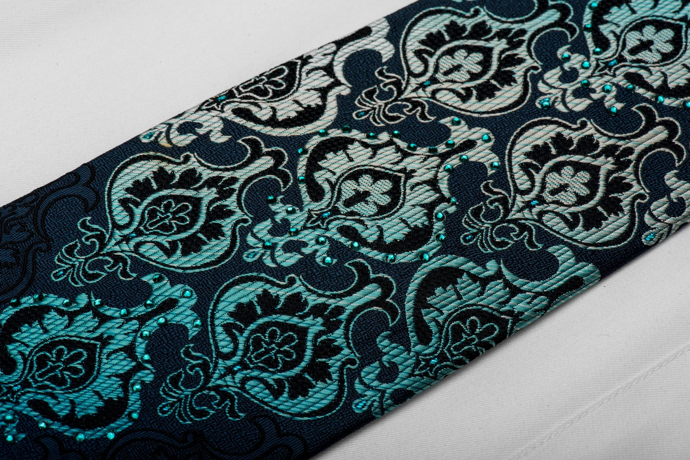 Renoma Men's Crystal Silk Necktie Turquoise Damask On Navy With Sparkles - Image 3