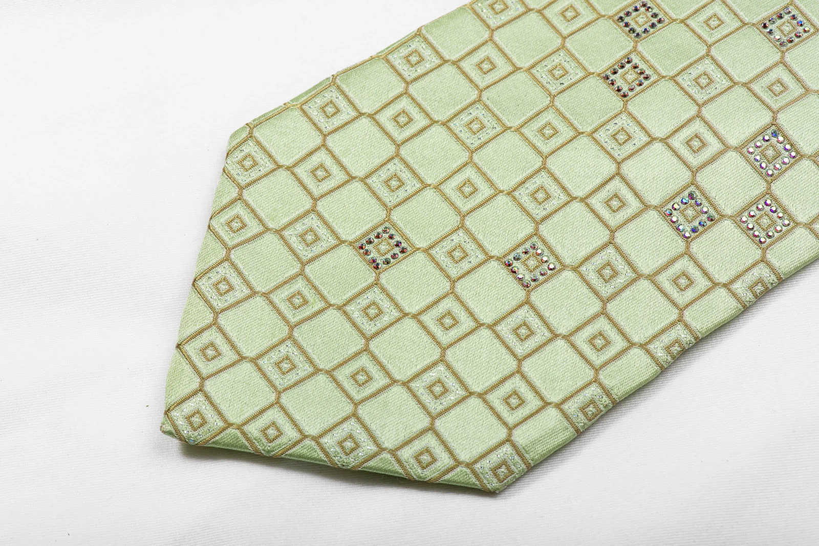 Renoma Men's Crystal Silk Tie Checkered On Light Green Sparkling With Rhinestones - Image 2