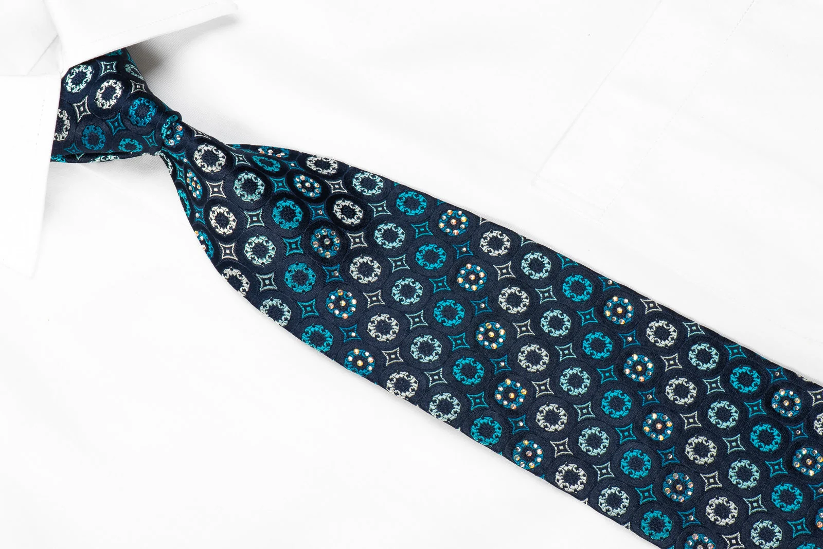 Renoma Men's Crystal Silk Tie Geometric On Navy Sparkling With Rhinestones - Image 3
