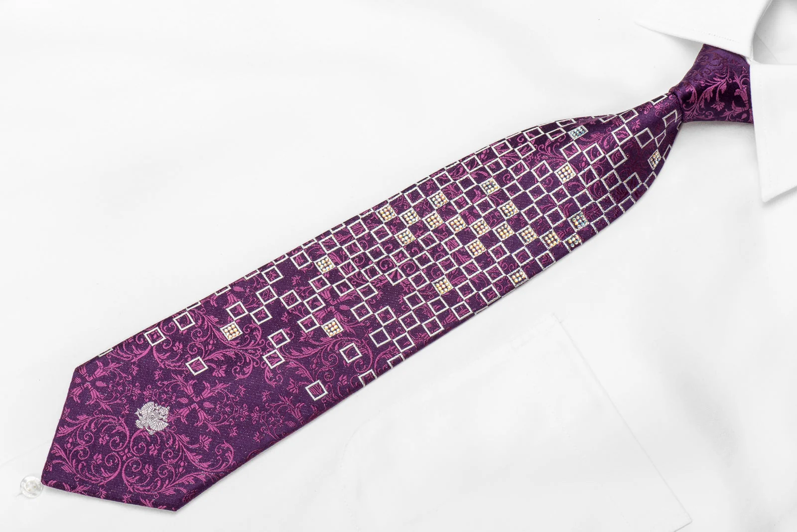 Renoma Men's Crystal Silk Tie Geometric Squares & Acanthus On Purple With Silver Sparkles - Image 4