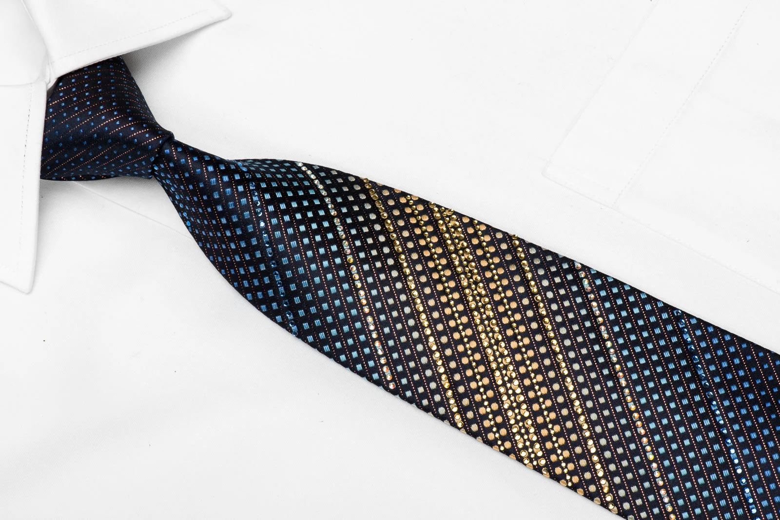 Renoma Men's Crystal Silk Tie Gold Blue Striped Dots & Squares On Navy With Copper Sparkles - Image 4