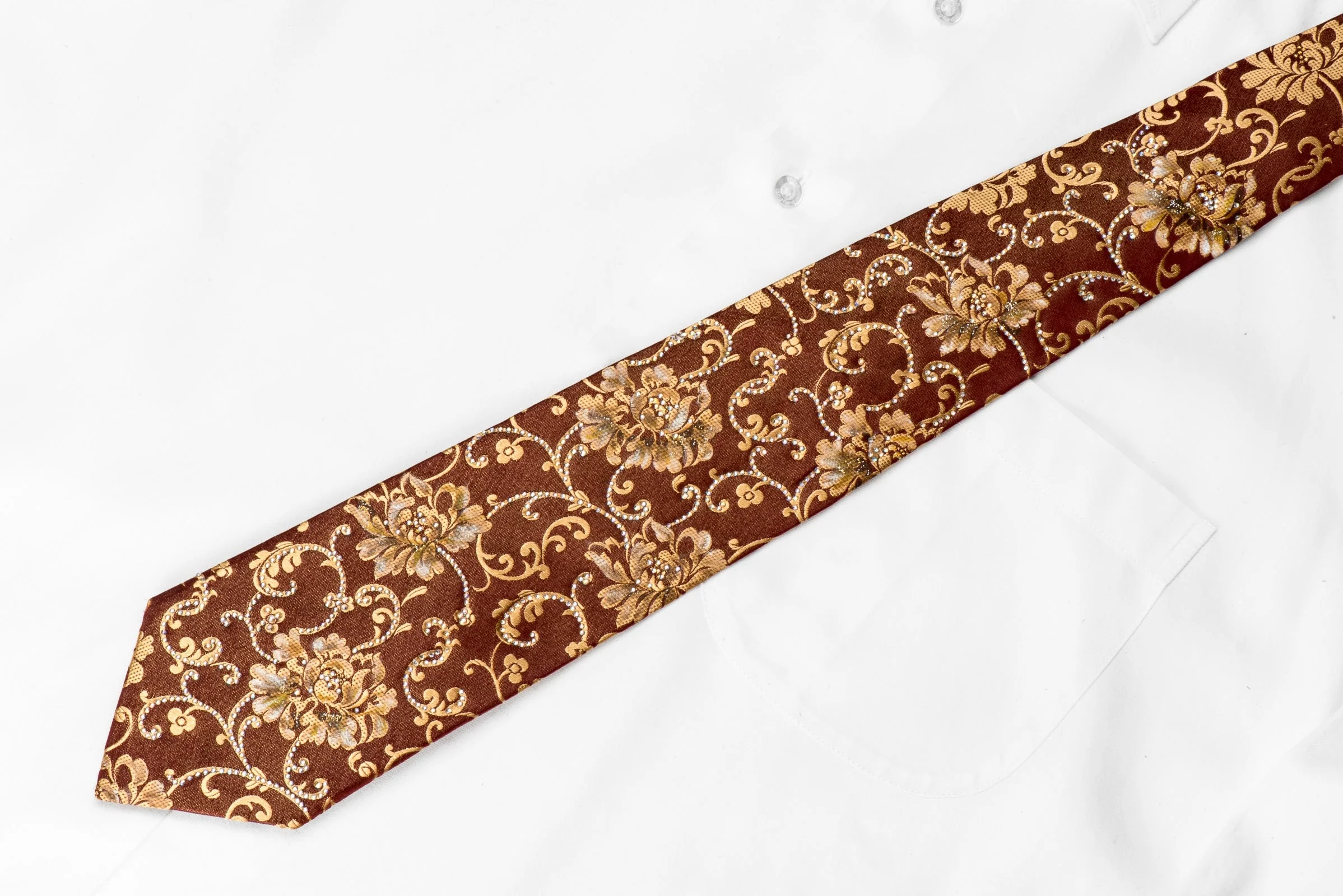 Renoma Men's Crystal Silk Tie Golden Floral On Brown With Sparkles - Image 5