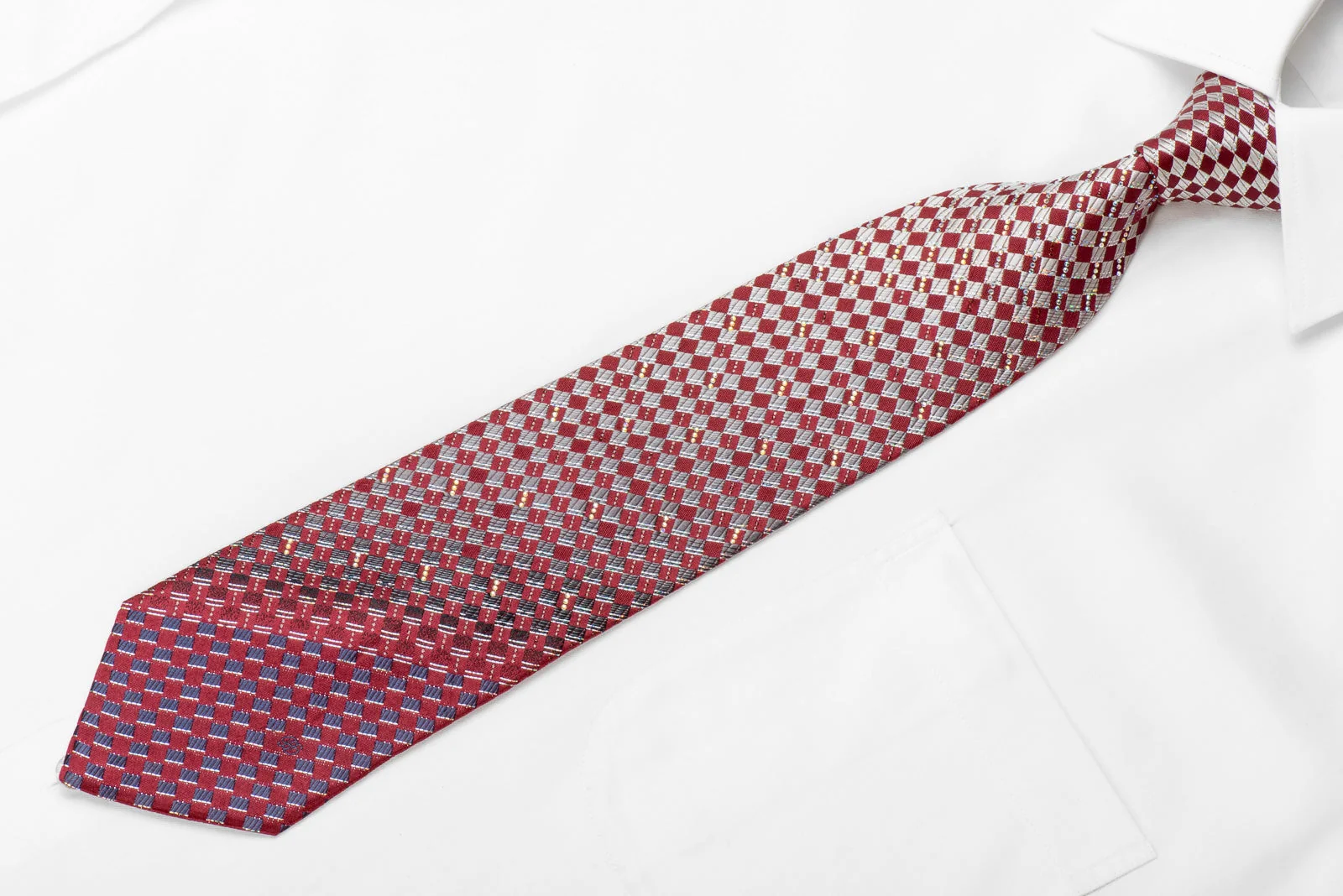 Renoma Men's Crystal Silk Tie Silver Burgundy Checkered With Silver Sparkles - Image 2