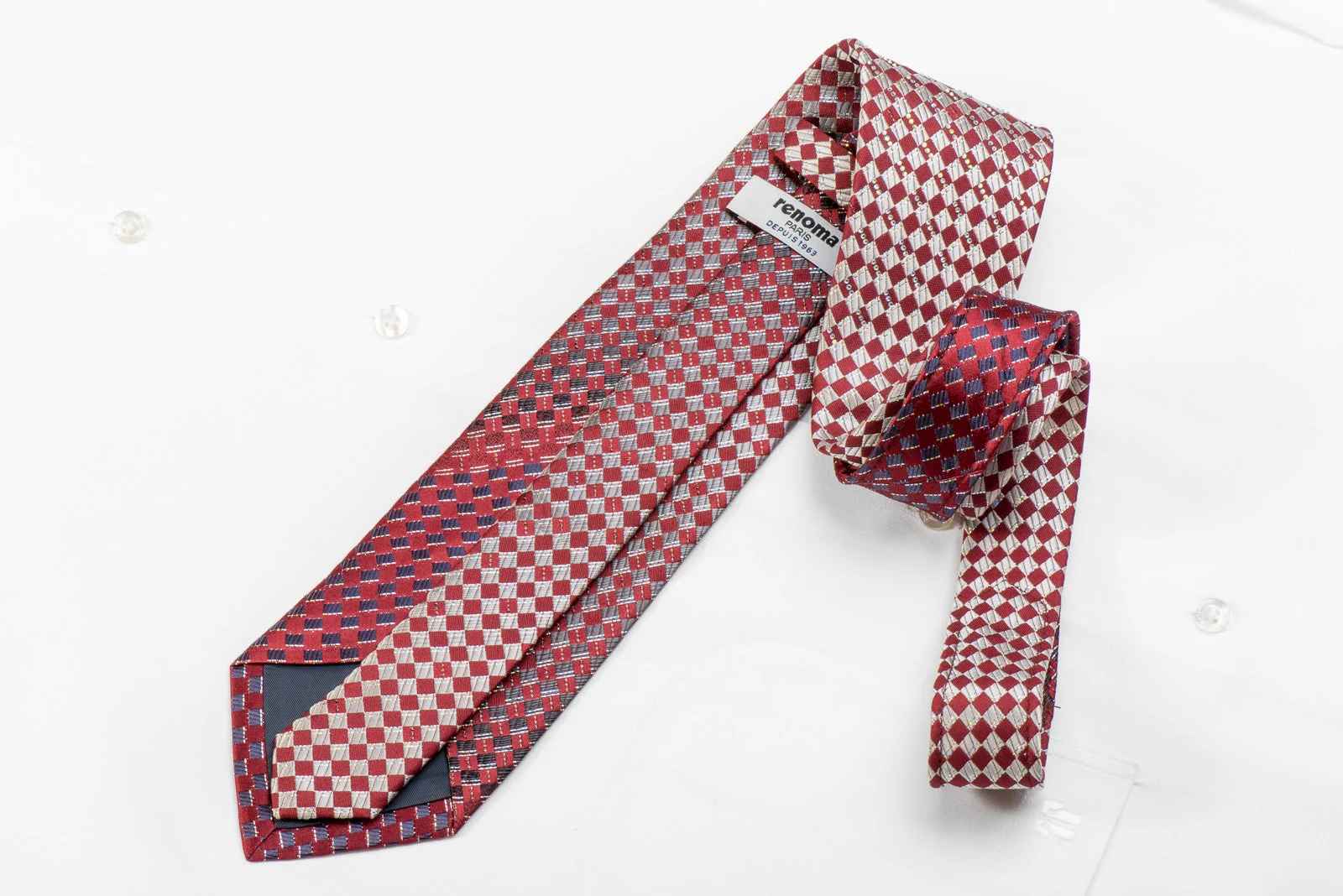 Renoma Men's Crystal Silk Tie Silver Burgundy Checkered With Silver Sparkles - Image 4