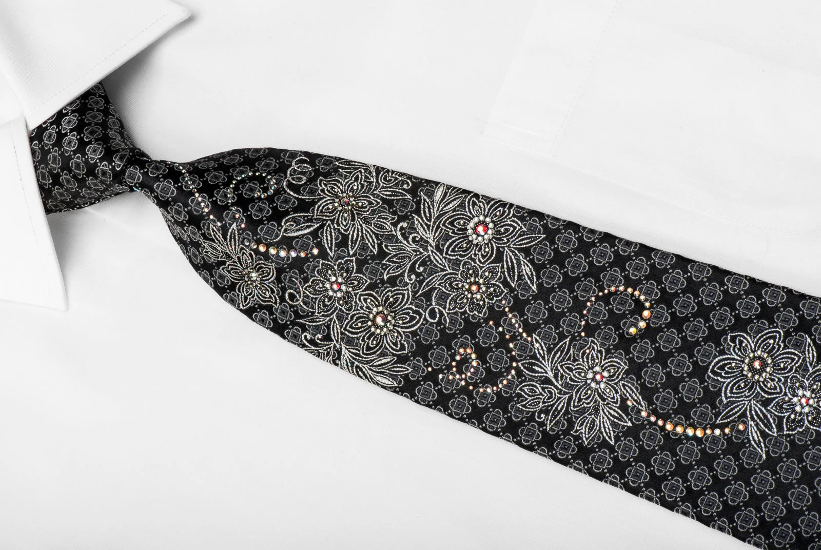Renoma Men's Crystal Silk Tie Silver Floral On Black With Silver Sparkles - Image 2