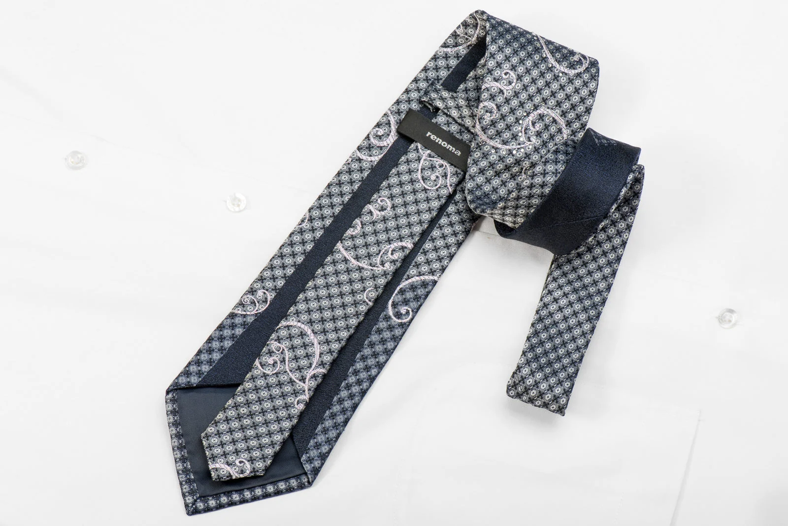 Renoma Men's Crystal Silk Tie Silver Scrolls On Silver Black With Sparkles - Image 3