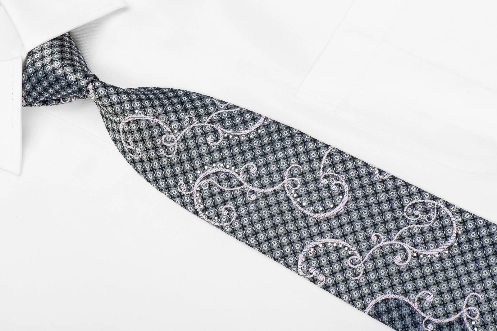 Renoma Men's Crystal Silk Tie Silver Scrolls On Silver Black With Sparkles - Image 4