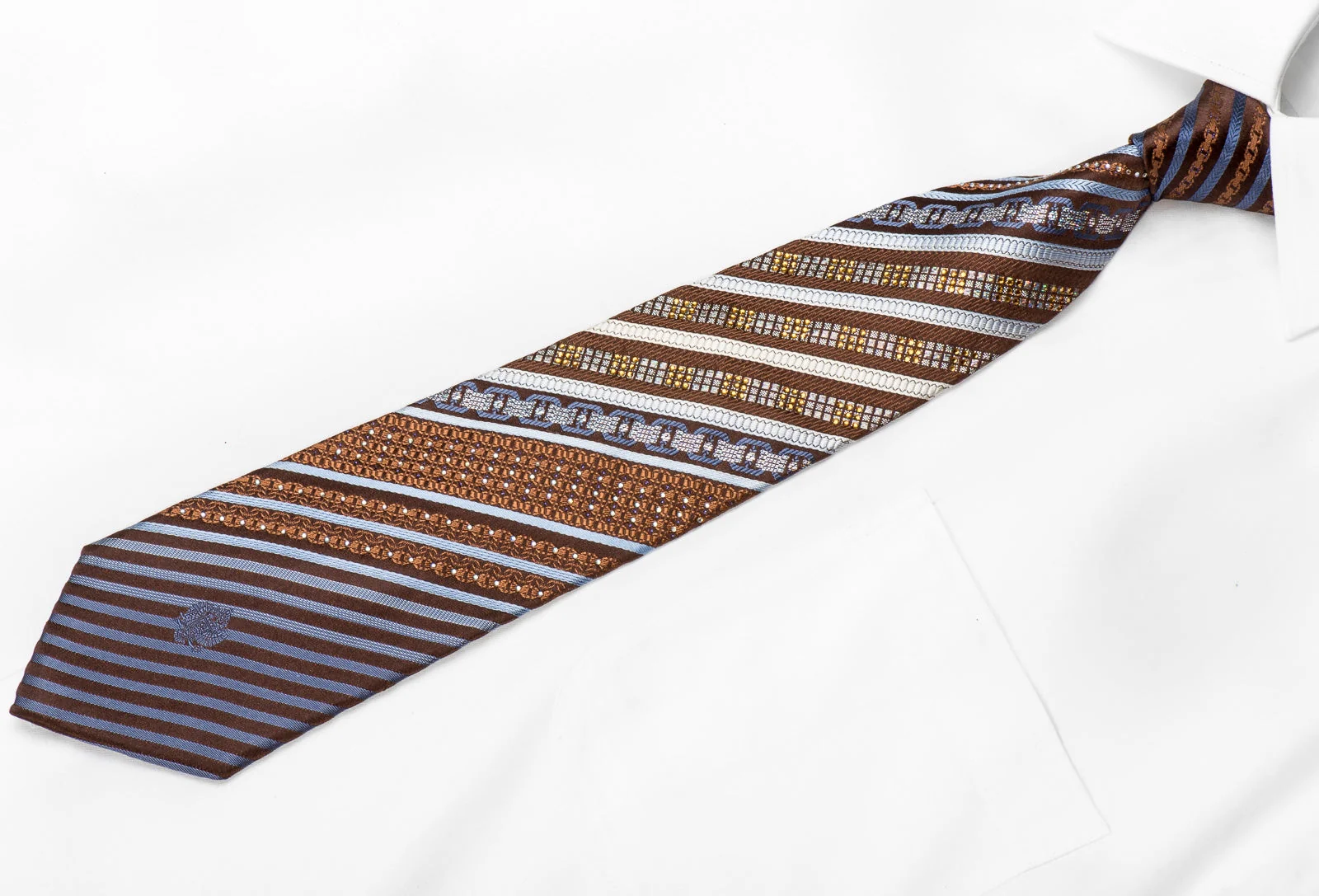 Renoma Men's Crystal Tie Blue Silver Striped On Brown With Sparkles - Image 2