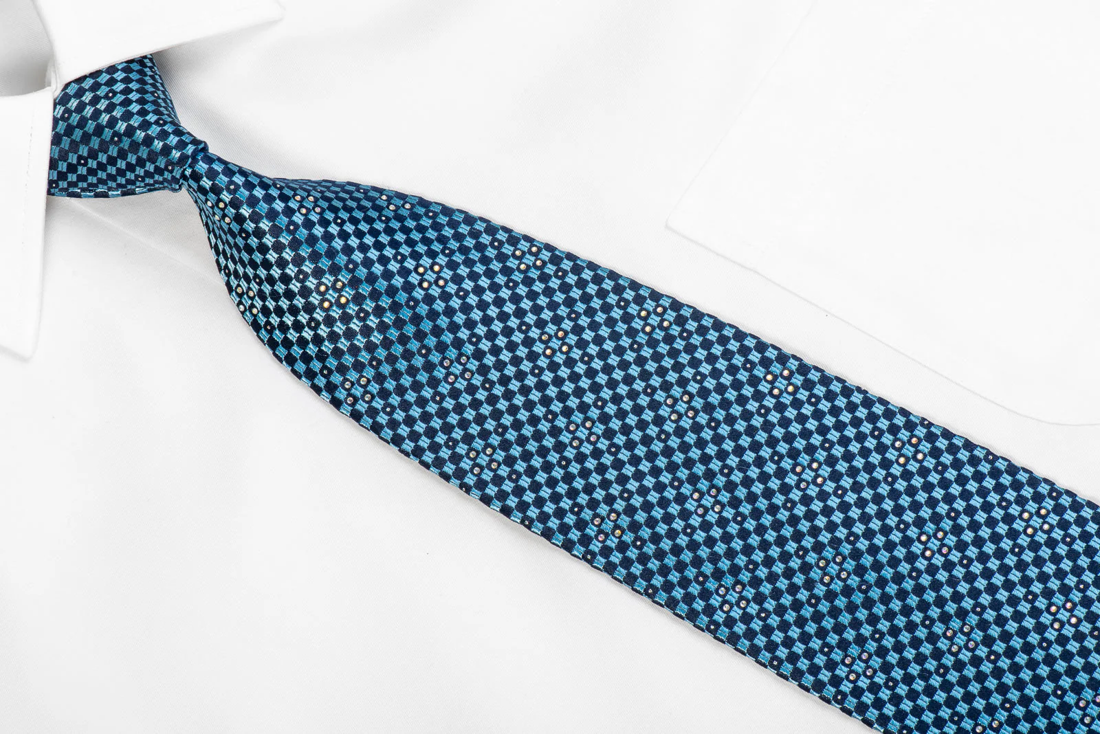 Renoma Men's Rhinestone Necktie Blue Checkered With Silver Sparkles - Image 2
