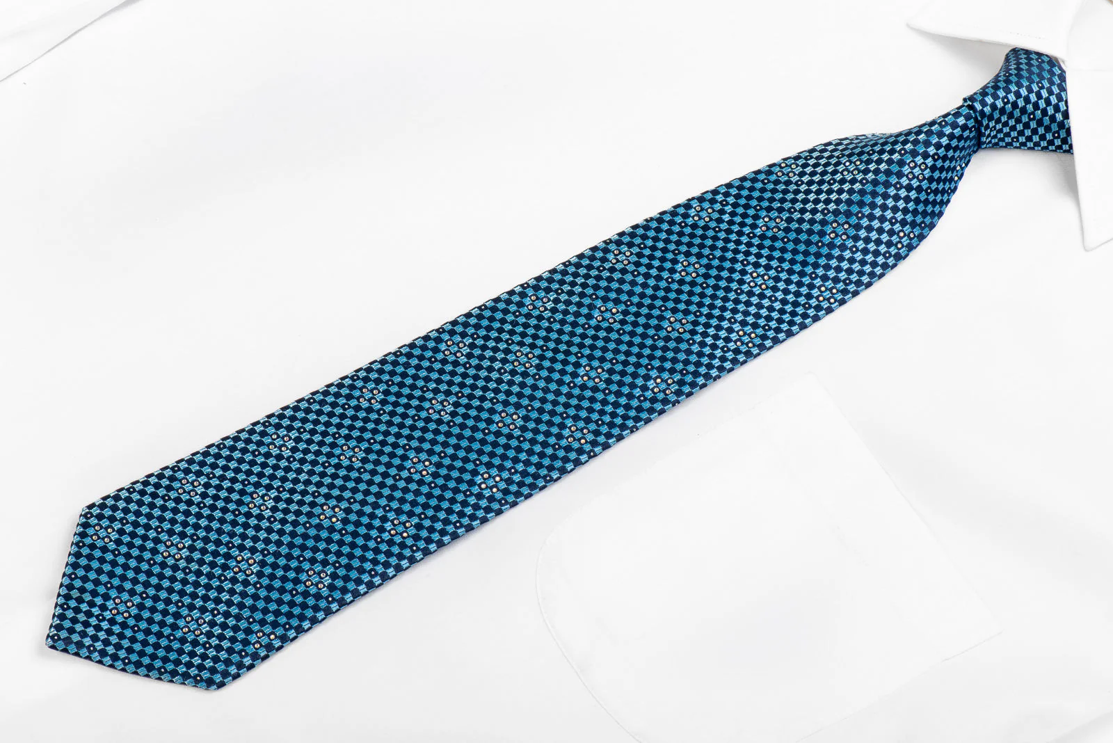 Renoma Men's Rhinestone Necktie Blue Checkered With Silver Sparkles - Image 3