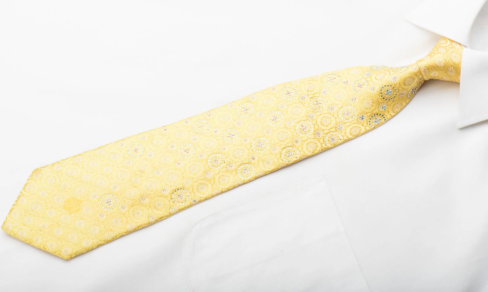 Renoma Men's Rhinestone Necktie Floral On Yellow Silk With Gold Sparkles - Image 4