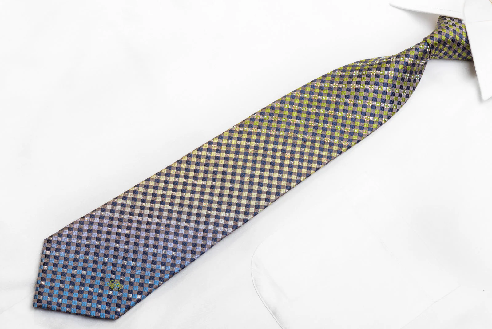 Renoma Men's Rhinestone Necktie Green Brown Checkered With Silver Sparkles - Image 3