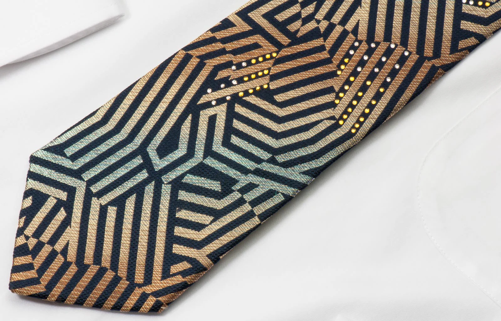 Renoma Men's Rhinestone Necktie Orange Geometric On Black With Silver Sparkles - Image 5