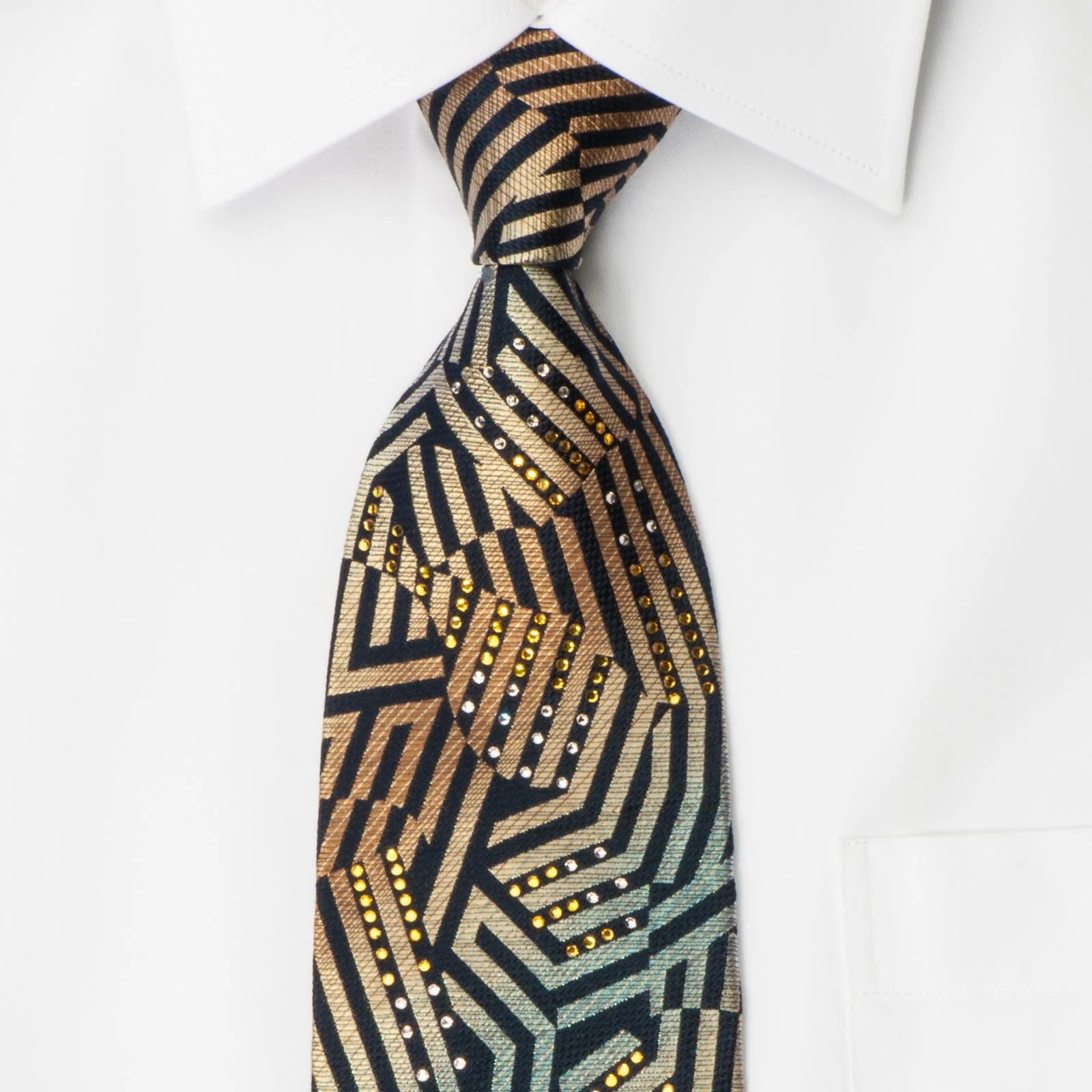 Renoma Men's Rhinestone Necktie Orange Geometric On Black With Silver Sparkles - Image 6