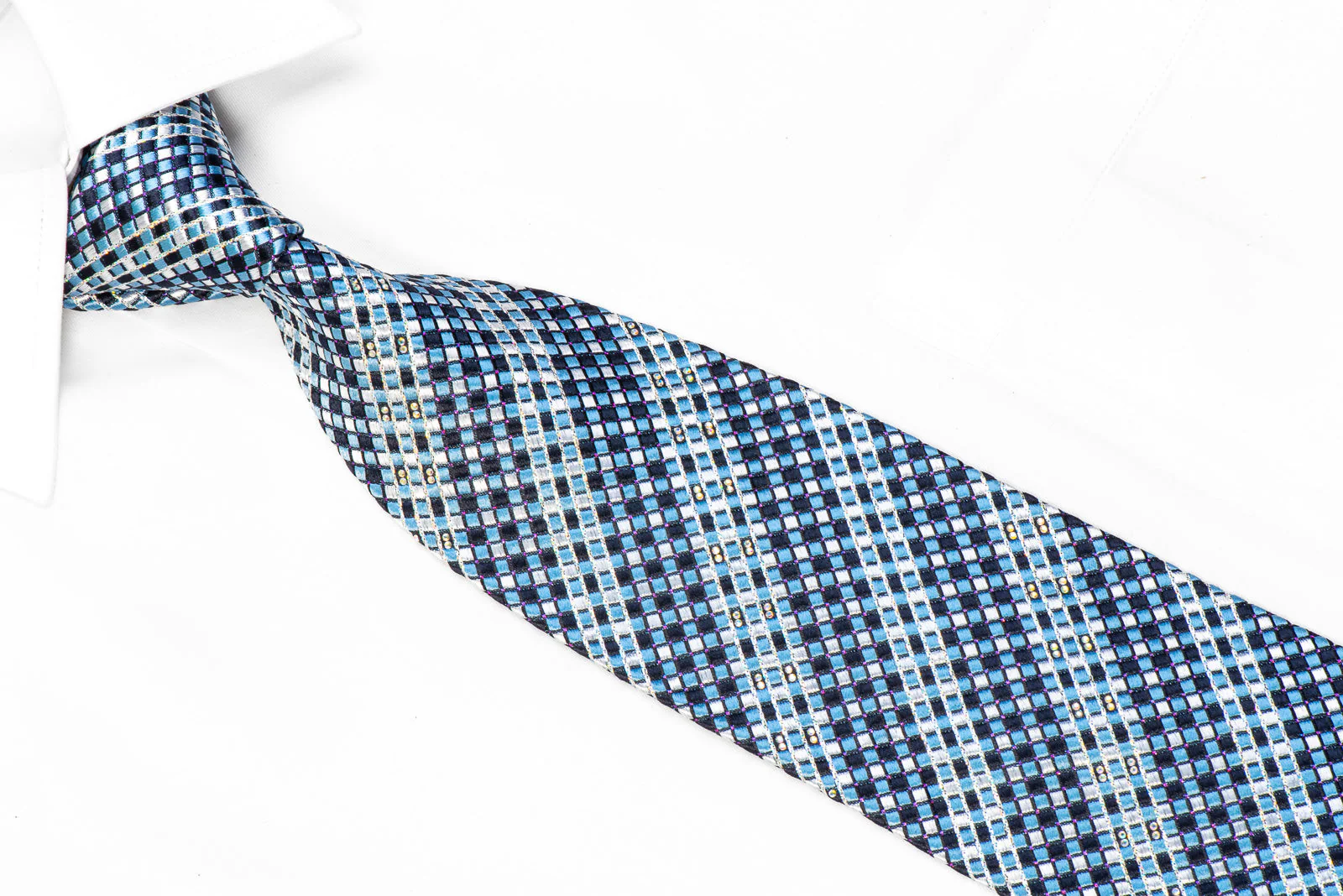 Renoma Men's Rhinestone Silk Necktie Blue Checkered With Silver Sparkles - Image 2