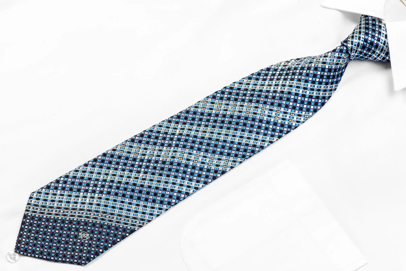 Renoma Men's Rhinestone Silk Necktie Blue Checkered With Silver Sparkles - Image 3