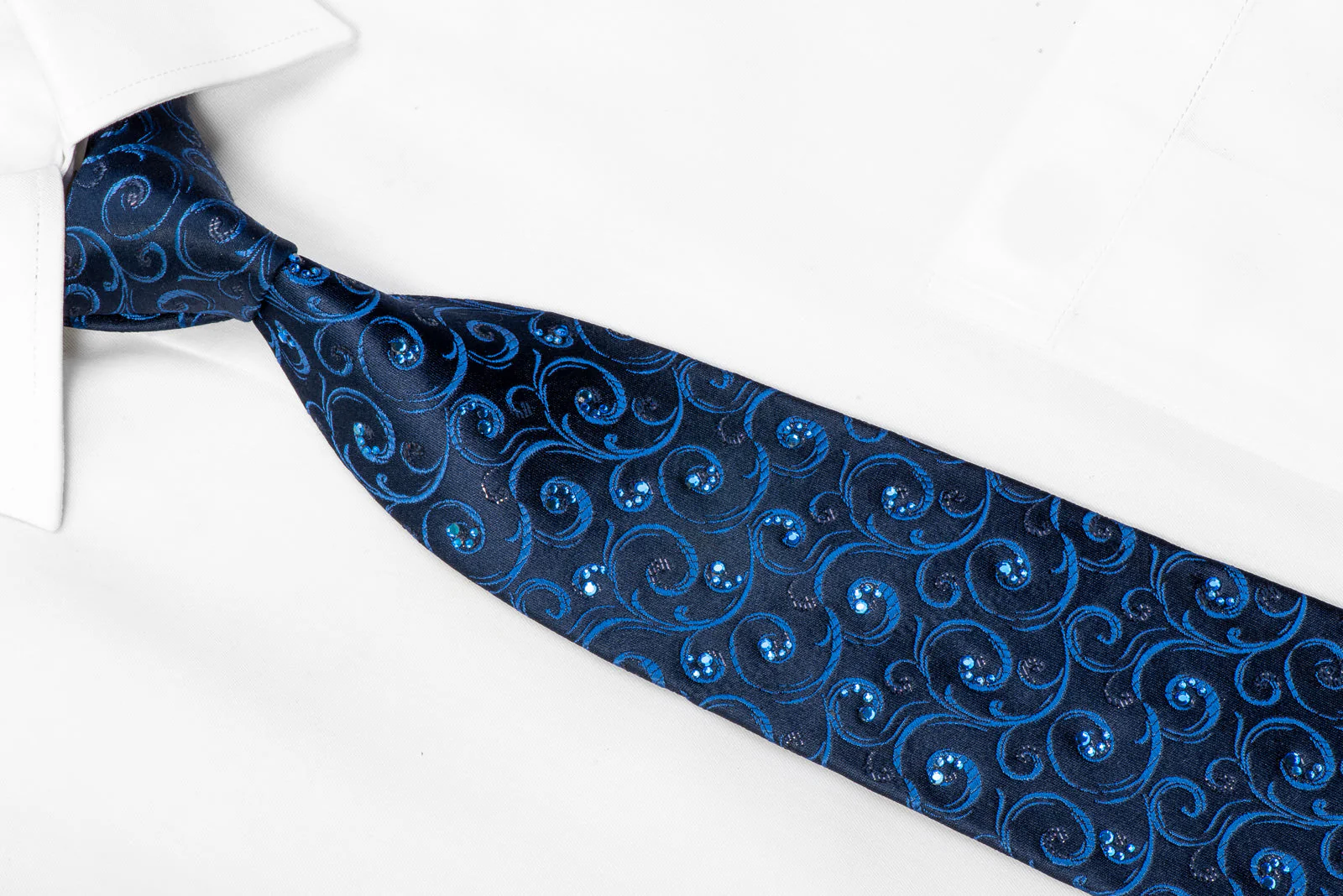 Renoma Men's Rhinestone Silk Necktie Blue Scrolls On Navy With Black Sparkles - Image 2