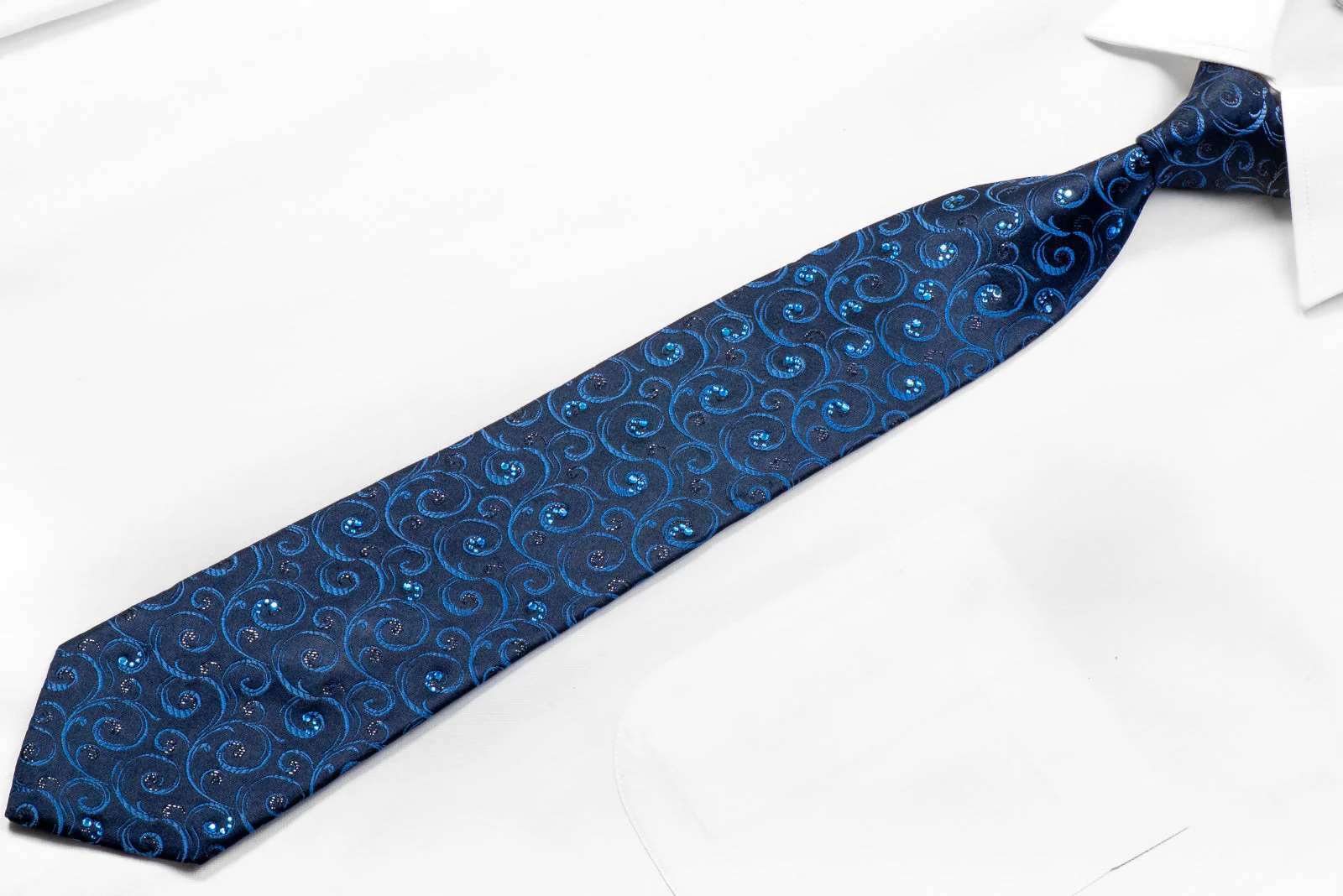 Renoma Men's Rhinestone Silk Necktie Blue Scrolls On Navy With Black Sparkles - Image 3