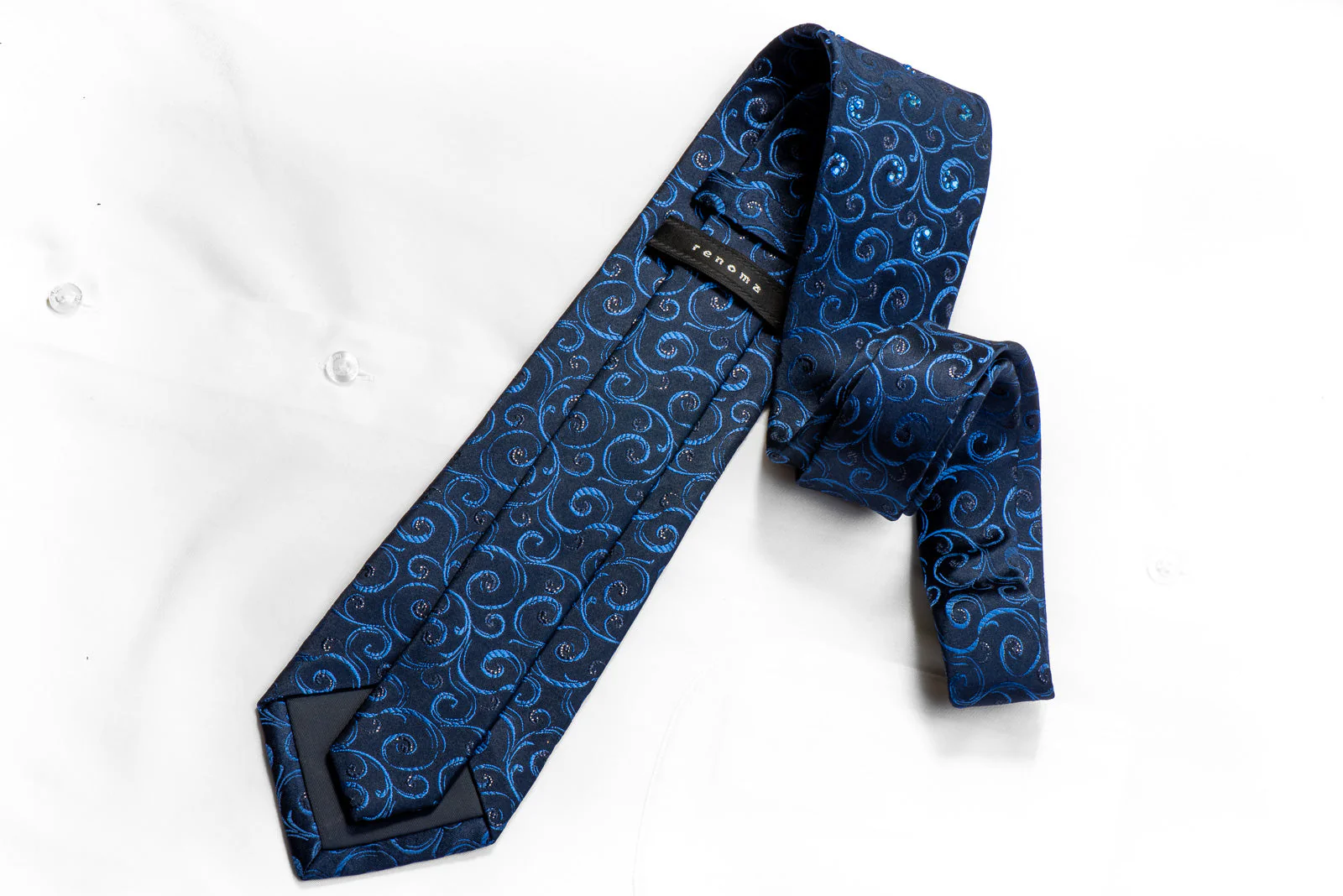 Renoma Men's Rhinestone Silk Necktie Blue Scrolls On Navy With Black Sparkles - Image 4