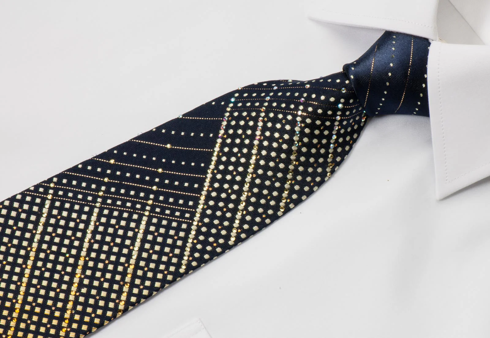Renoma Men's Rhinestone Silk Necktie Orange Checks & Stripes On Navy With Golden Sparkles - Image 3