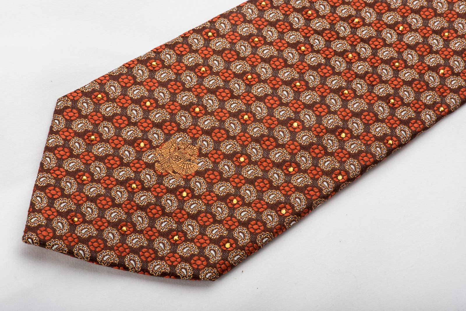 Renoma Men's Rhinestone Silk Necktie Orange Yellow Foulard Paisley On Brown With Silver Sparkles - Image 3