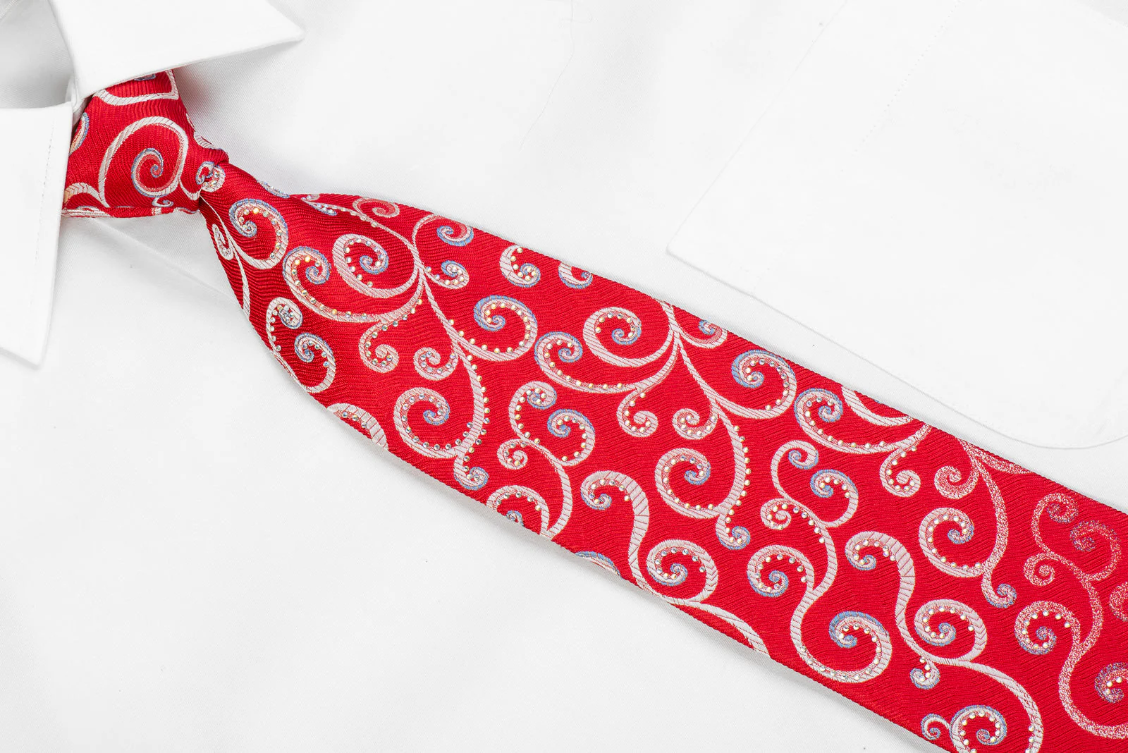 Renoma Men's Rhinestone Silk Necktie Silver Scrolls On Red With Silver Sparkles - Image 2