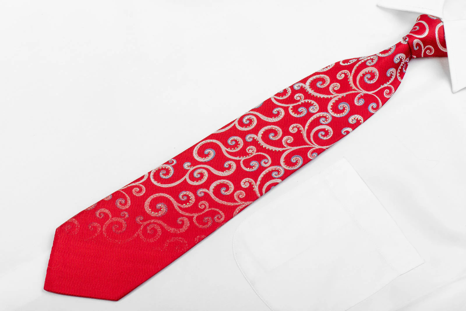 Renoma Men's Rhinestone Silk Necktie Silver Scrolls On Red With Silver Sparkles - Image 3