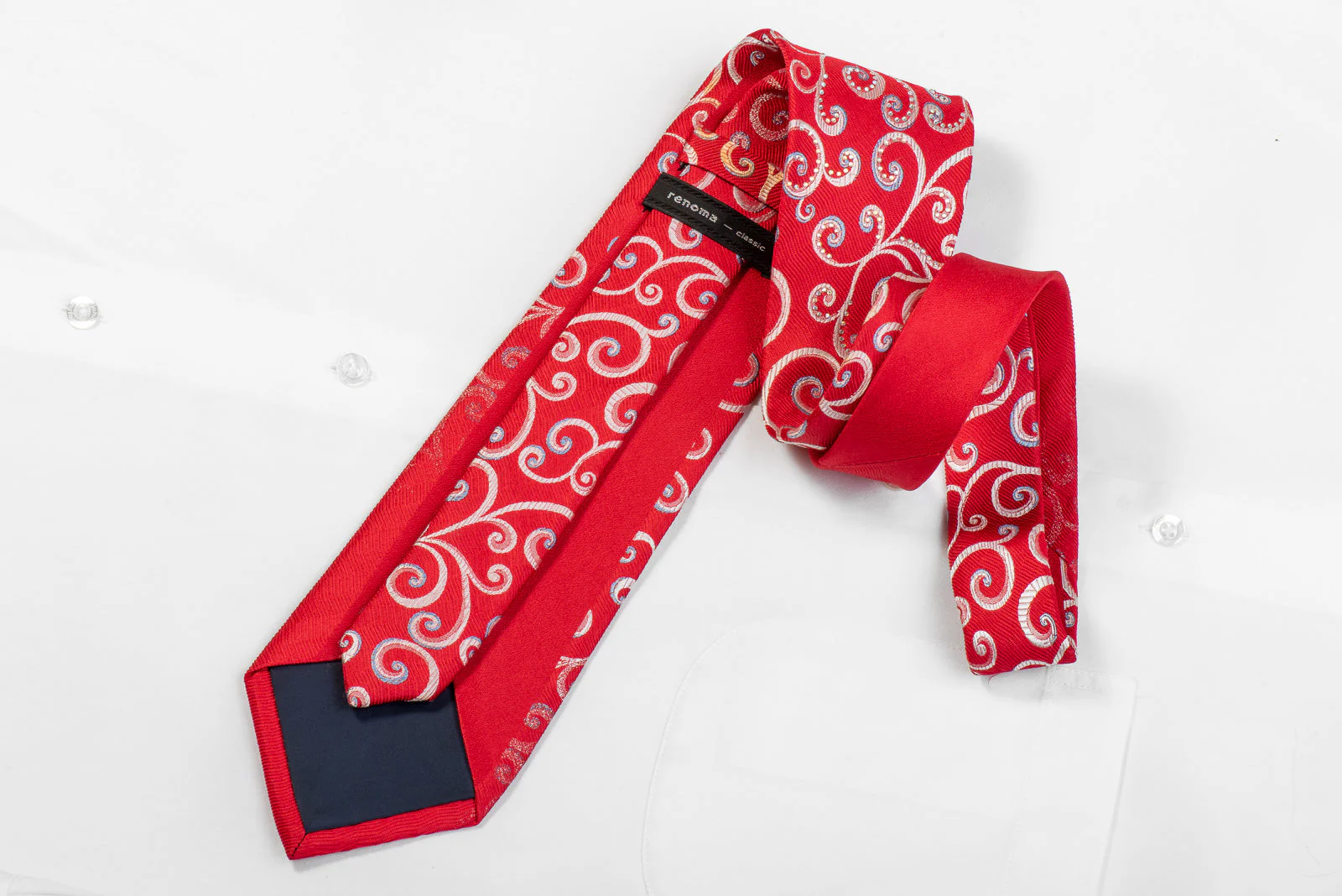 Renoma Men's Rhinestone Silk Necktie Silver Scrolls On Red With Silver Sparkles - Image 4