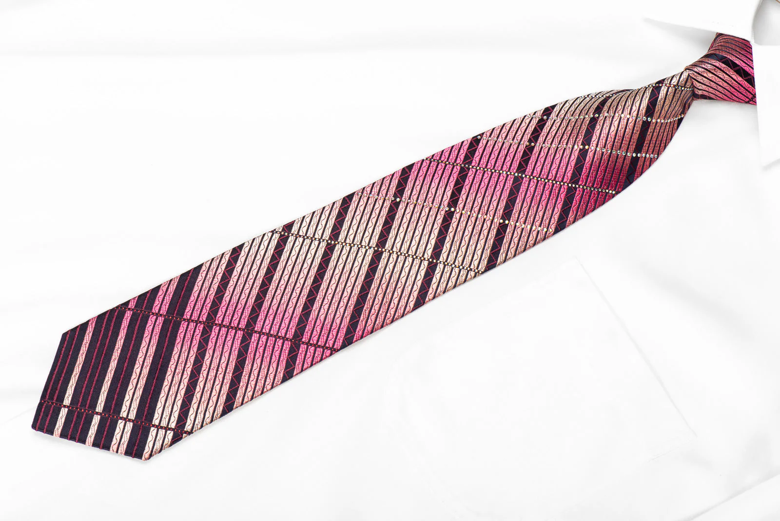 Renoma Men's Rhinestone Tie Pink Striped On Navy With Sparkles - Image 3
