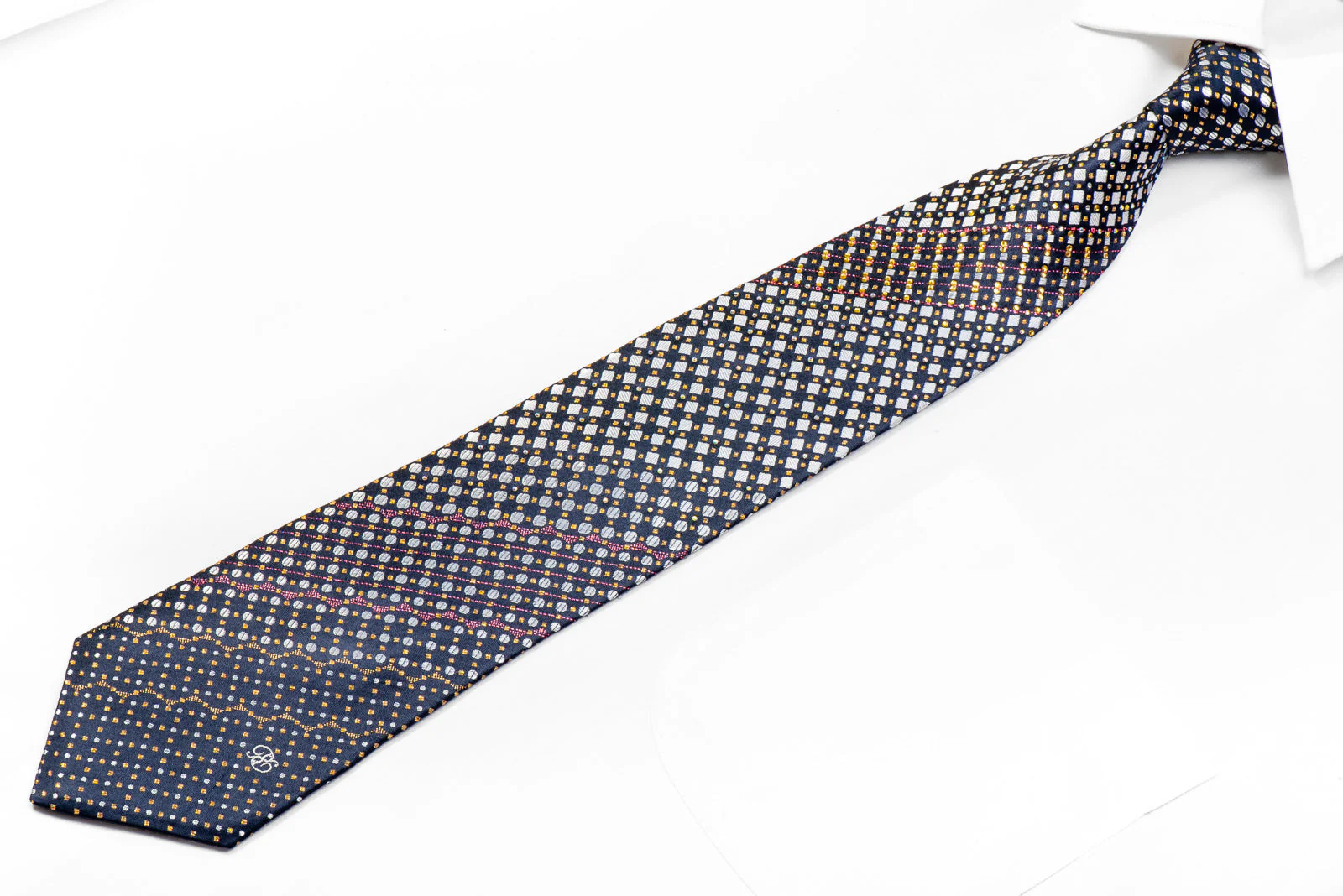 Renoma Men's Rhinestone Tie Silver Geometric On Navy With Sparkles - Image 3