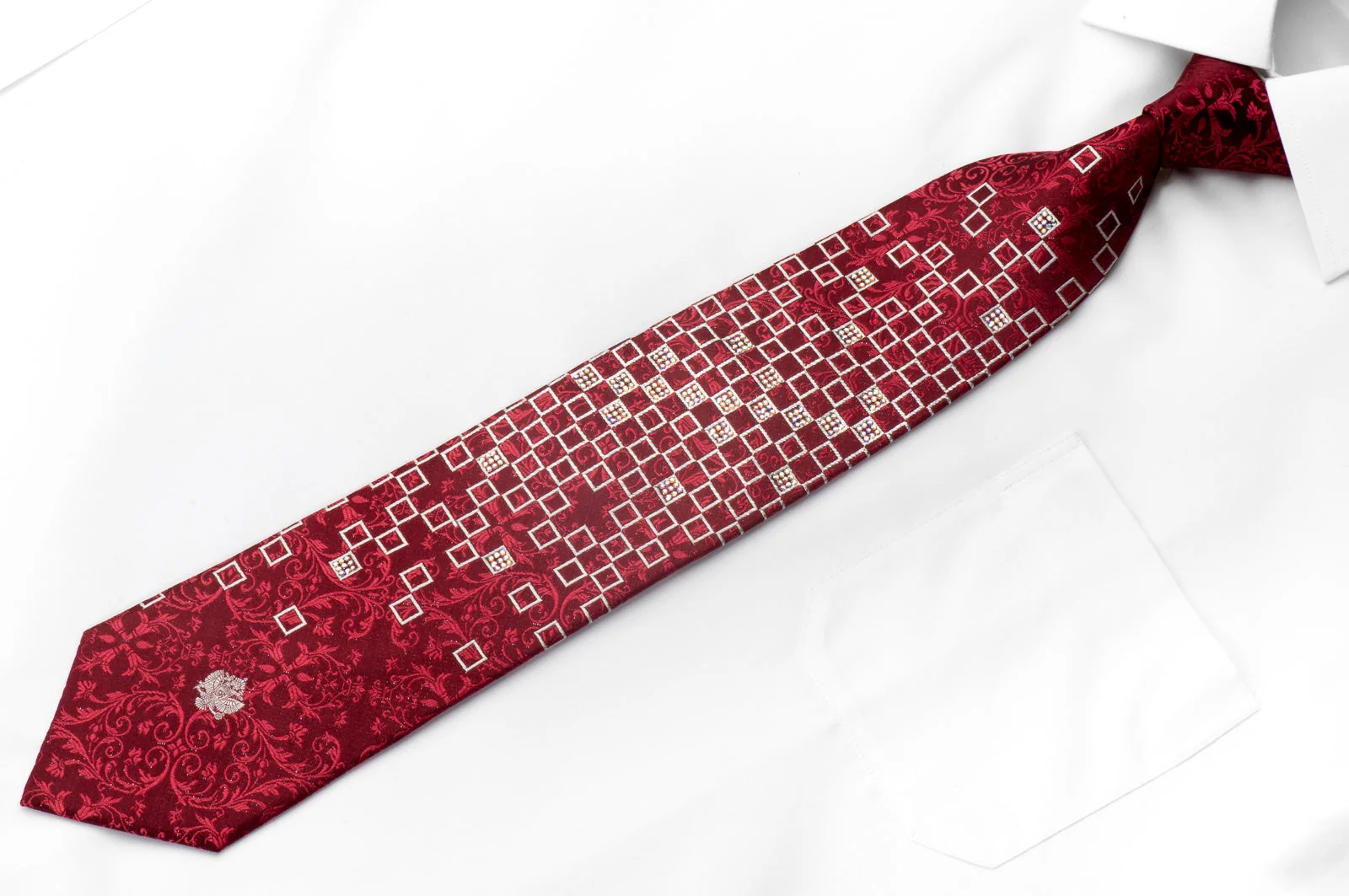 Renoma Men's Rhinestone Tie Silver Squares On Red Acanthus With Sparkles - Image 2