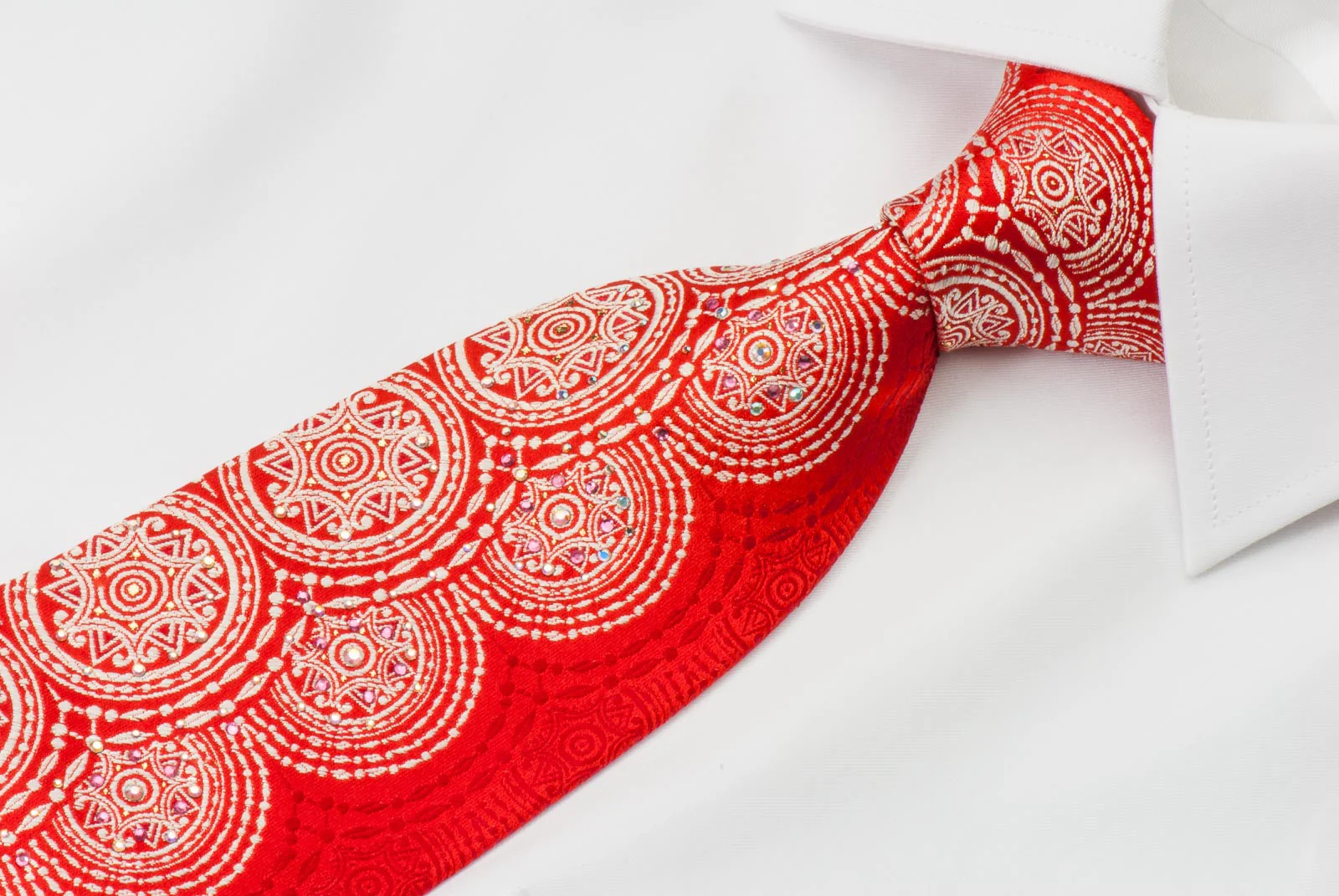 Renoma Men's Silk Neck Tie White Medallions On Red With Silver Sparkles