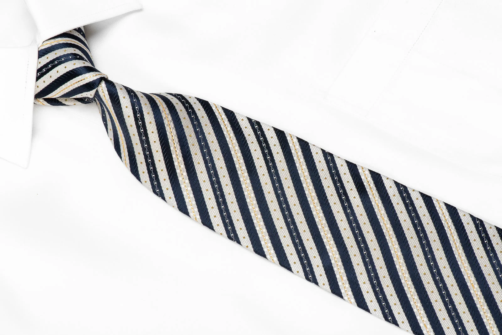 Renoma Men's Silk Necktie Blue Silver Striped With Gold Sparkles - Image 2