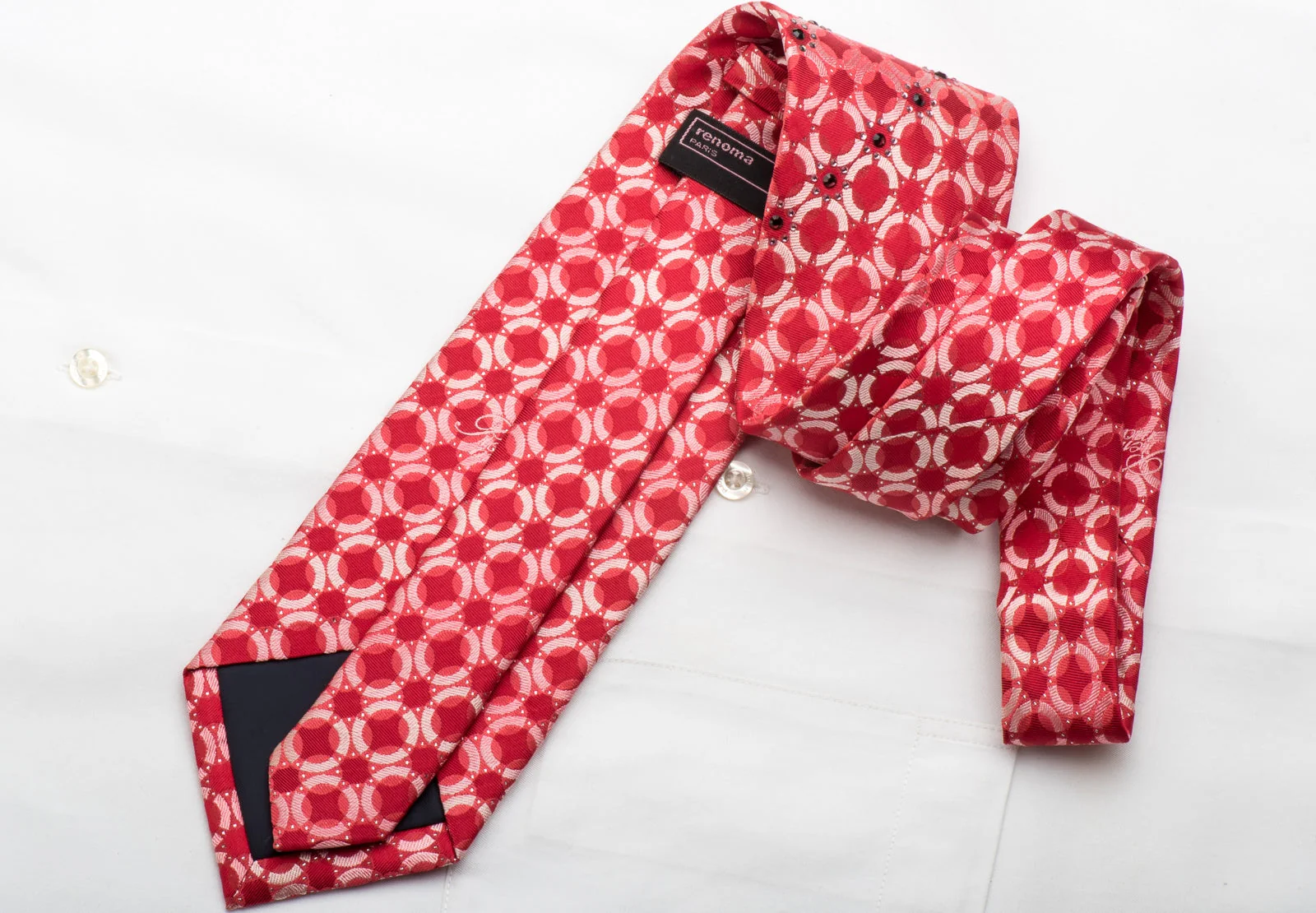 Renoma Men's Silk Necktie Geometric Circles On Red Sparkling With Rhinestones - Image 4