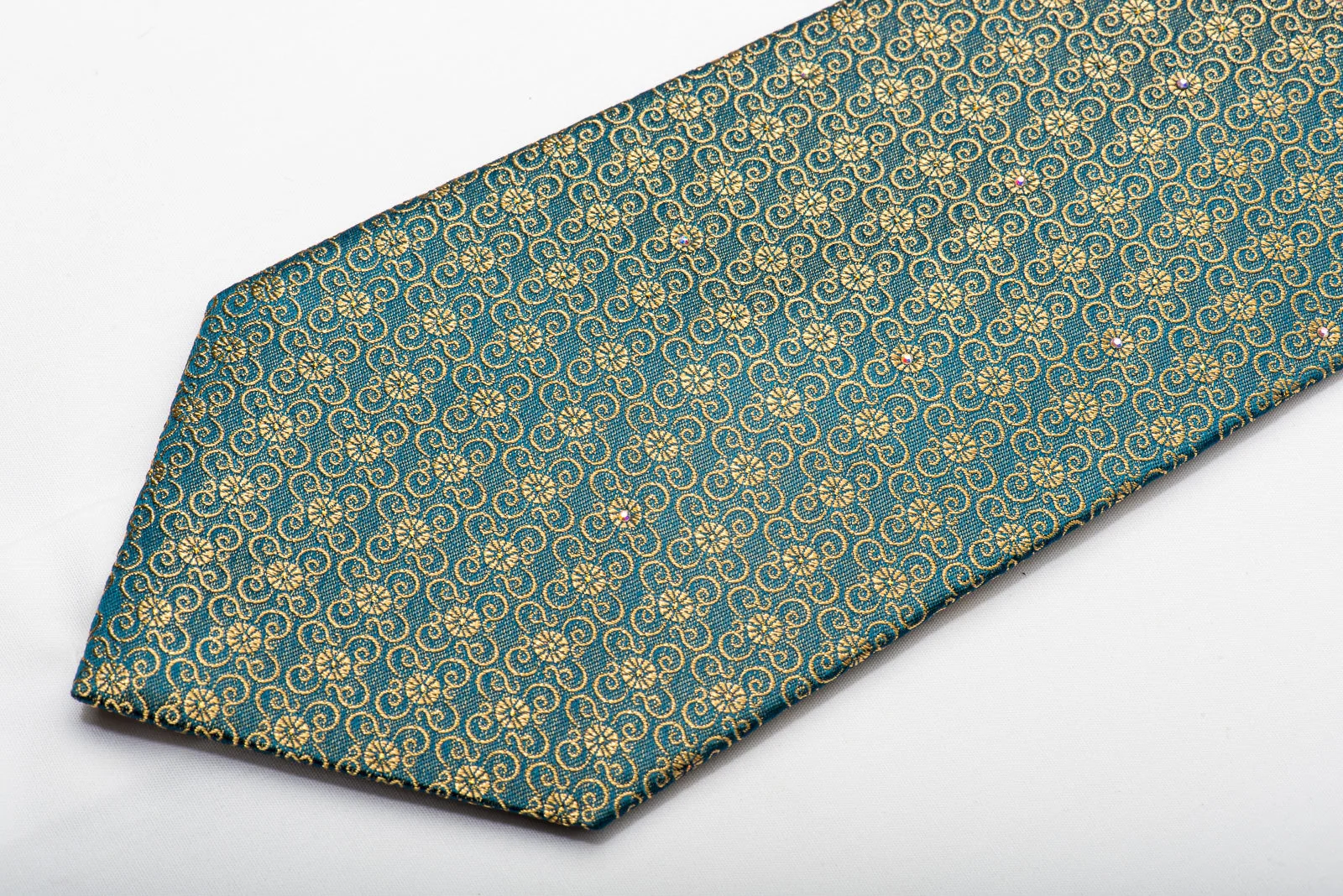 Renoma Men's Silk Necktie Gold Floral On Dark Teal Sparkling With Rhinestones - Image 3
