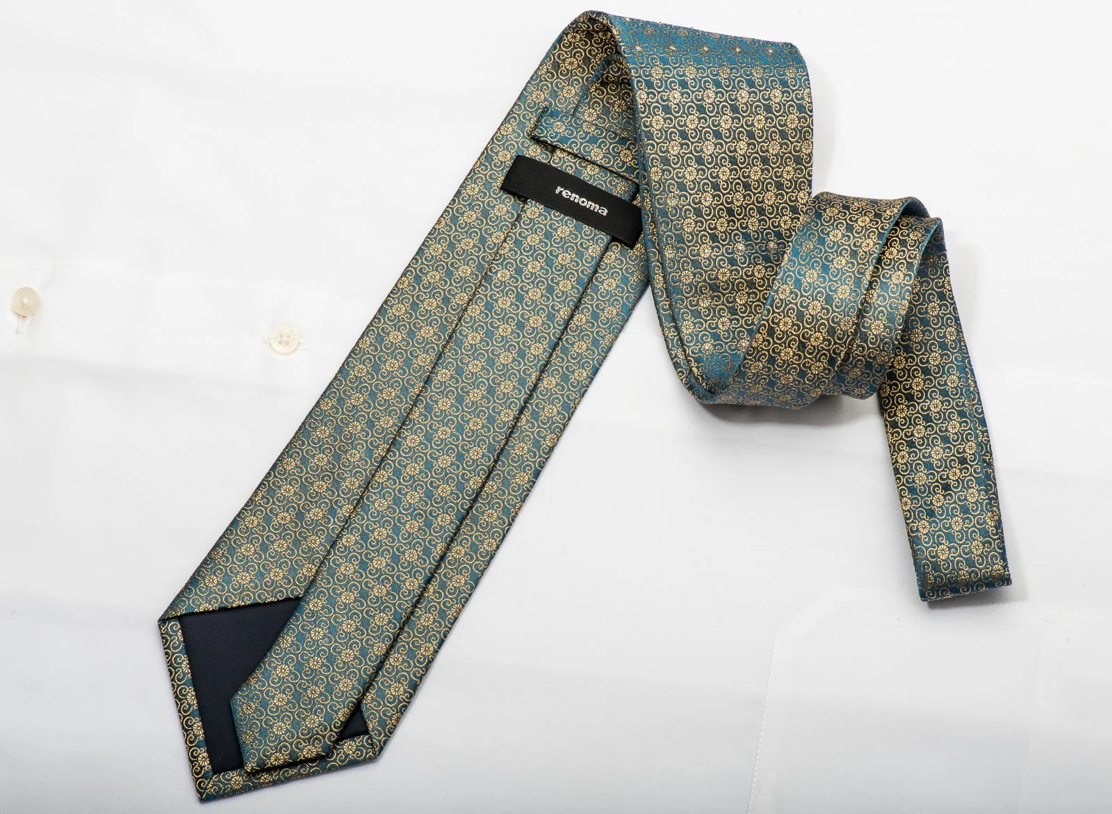 Renoma Men's Silk Necktie Gold Floral On Dark Teal Sparkling With Rhinestones - Image 5