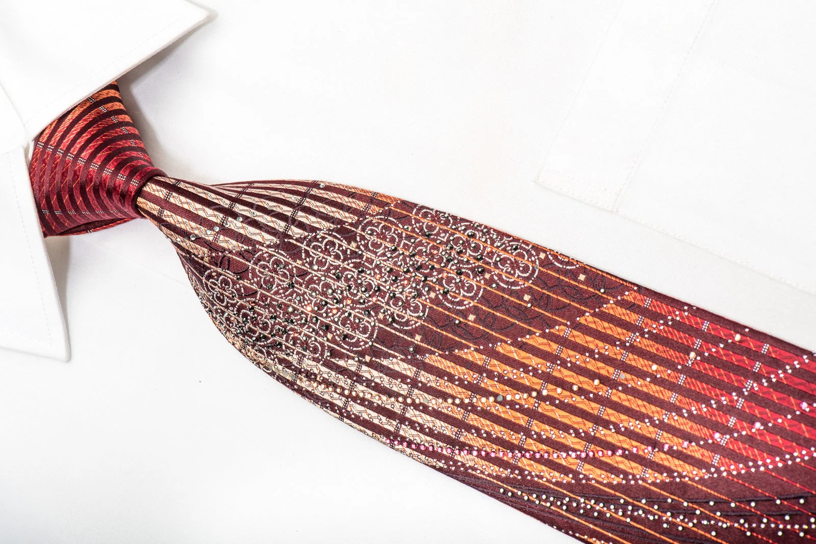 Renoma Men's Silk Necktie Orange Vertical Striped On Burgundy Sparkling With Rhinestones - Image 2