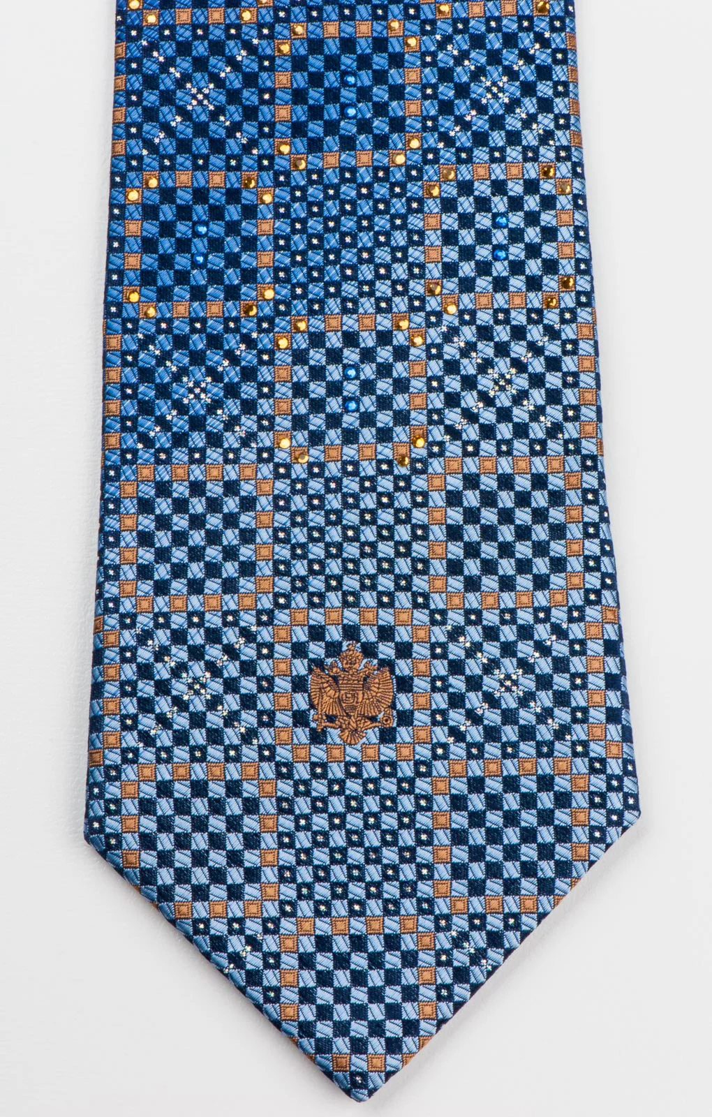 Renoma Men's Silk Rhinestone Necktie Blue Bronze Chequer With Silver Sparkles - Image 3