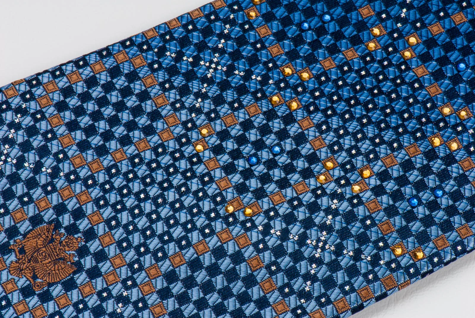Renoma Men's Silk Rhinestone Necktie Blue Bronze Chequer With Silver Sparkles - Image 7
