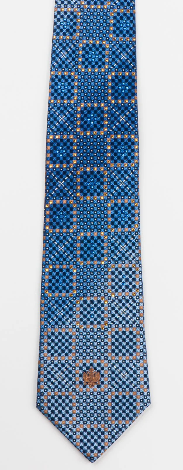 Renoma Men's Silk Rhinestone Necktie Blue Bronze Chequer With Silver Sparkles - Image 8