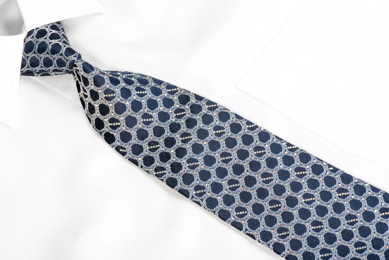 Renoma Men's Silk Rhinestone Necktie Silver Interlocking Chains On Navy - Image 2